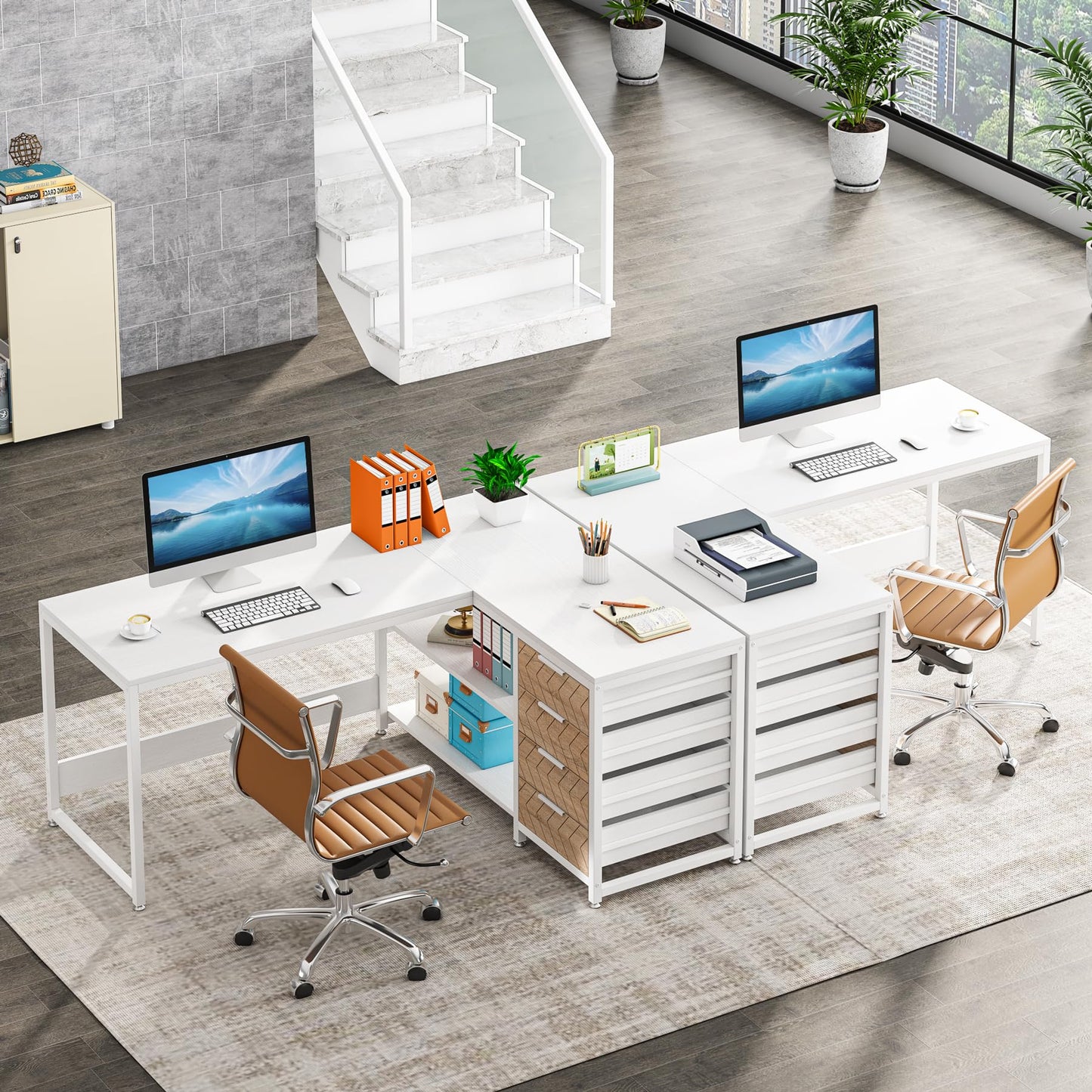 Tribesigns L Shaped Computer Desk with Storage Drawers, 59 inch Corner Desk with Shelves, Reversible L-Shaped Office Desk Study Writing Table Workstation for Home Office, Walnut & White