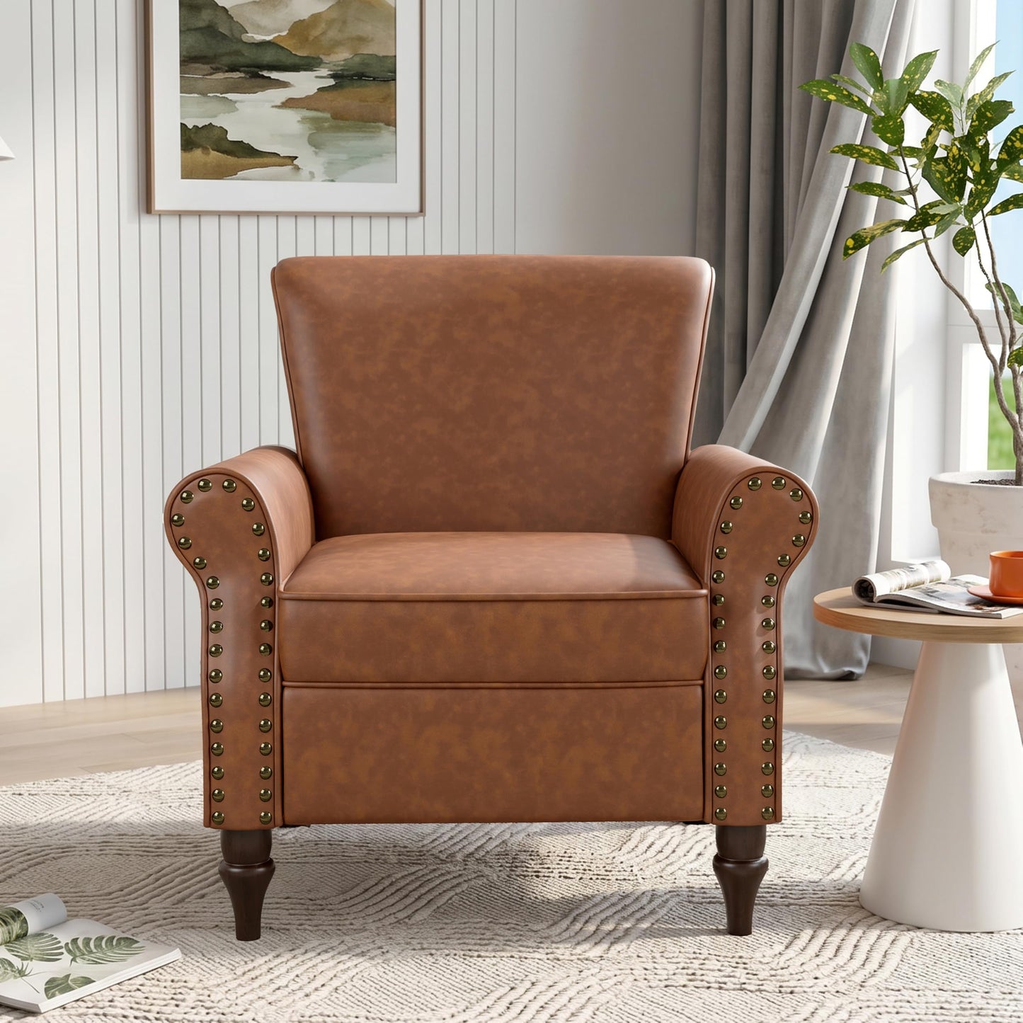 Wingback Accent Chairs Set of 2, Mid-Century Modern Upholstered Armchair Living Room Chair with Nailhead Trim & Rolled Armrest, Comfy Lounge Chair Single Sofa Chair for Bedroom, Light Blue