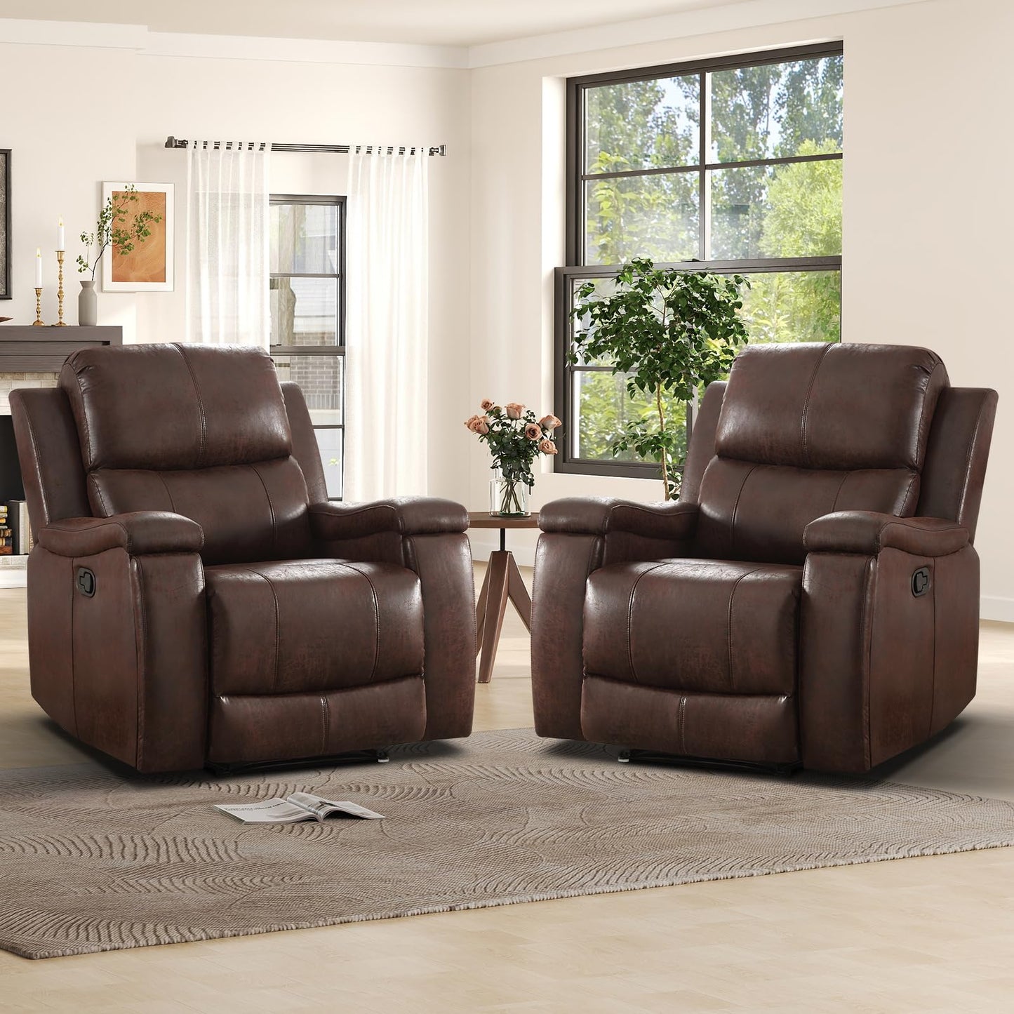 IOMOR Leather Recliner Chair, Manual Recliner Chair for Adults with Overstuffed Arms and Back, Single Sofa Recliner with Cup Holders for Living Room (1, Brown)