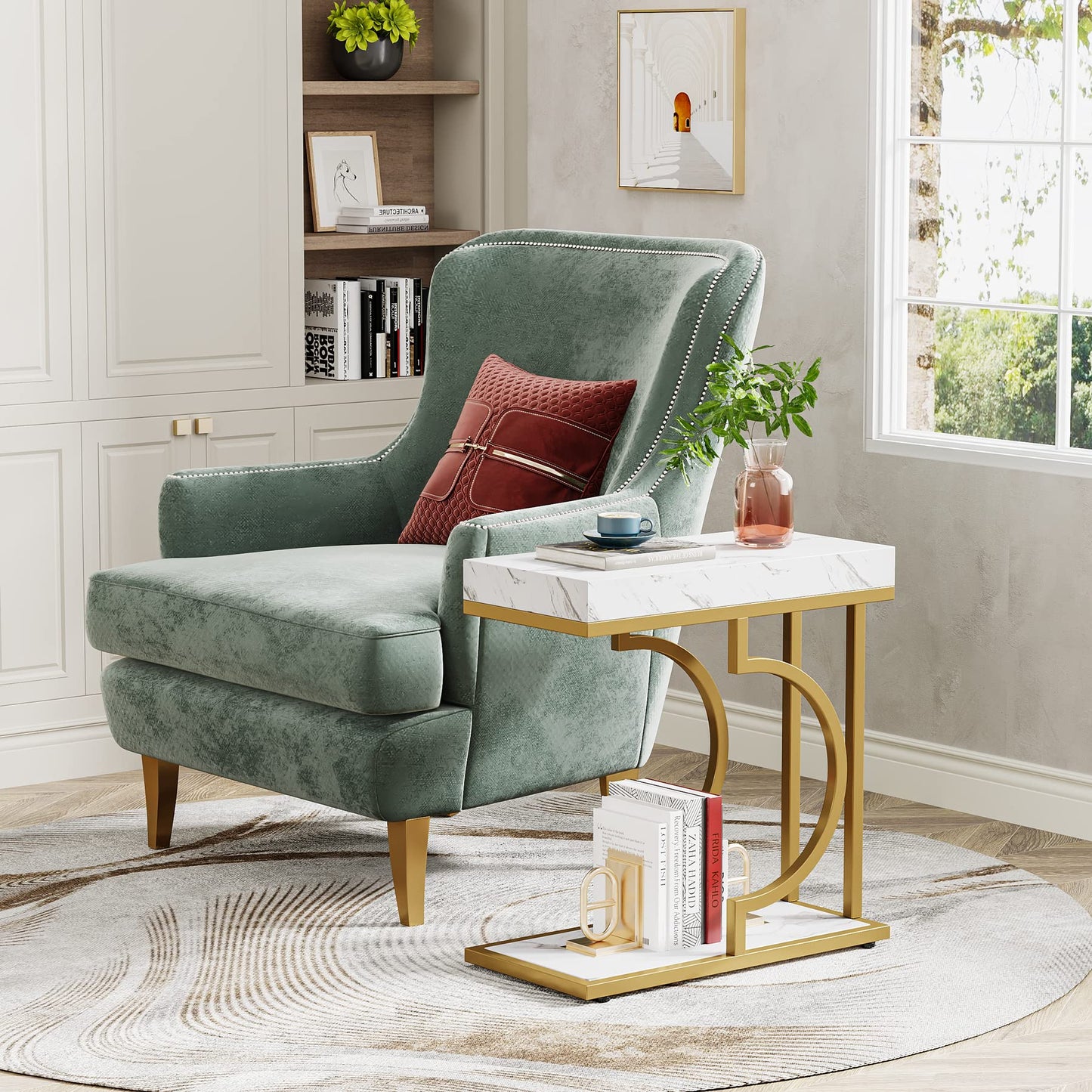 Tribesigns Narrow Side Table for Couch, C Shaped End Table with Metal Frame, Modern Bedside Tables, Small Sofa Tables for Small Spaces, Living Room (1, Brown+Black)
