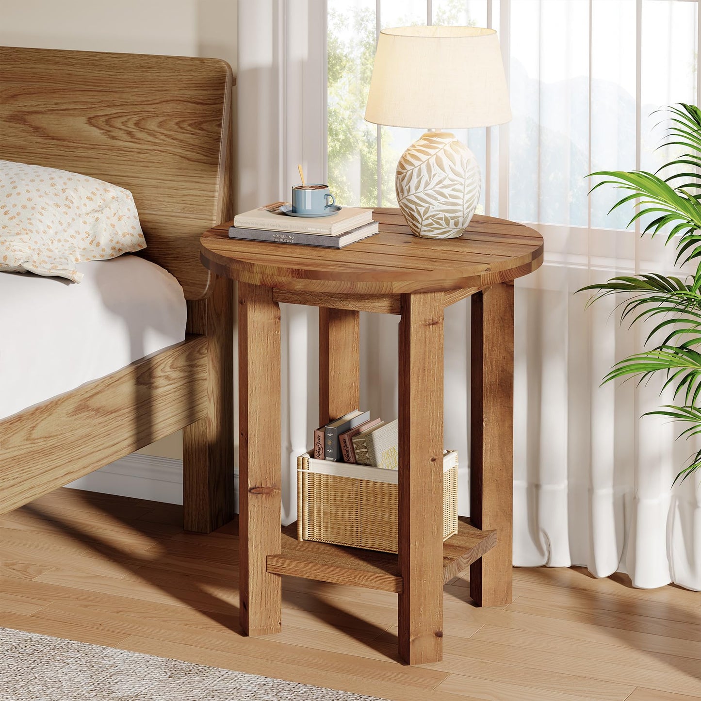 Round Solid Wood Nightstand, 2-Tier Bedside Table with Storage Shelf, Small Farmhouse End Table for Bedroom, Brown (1)