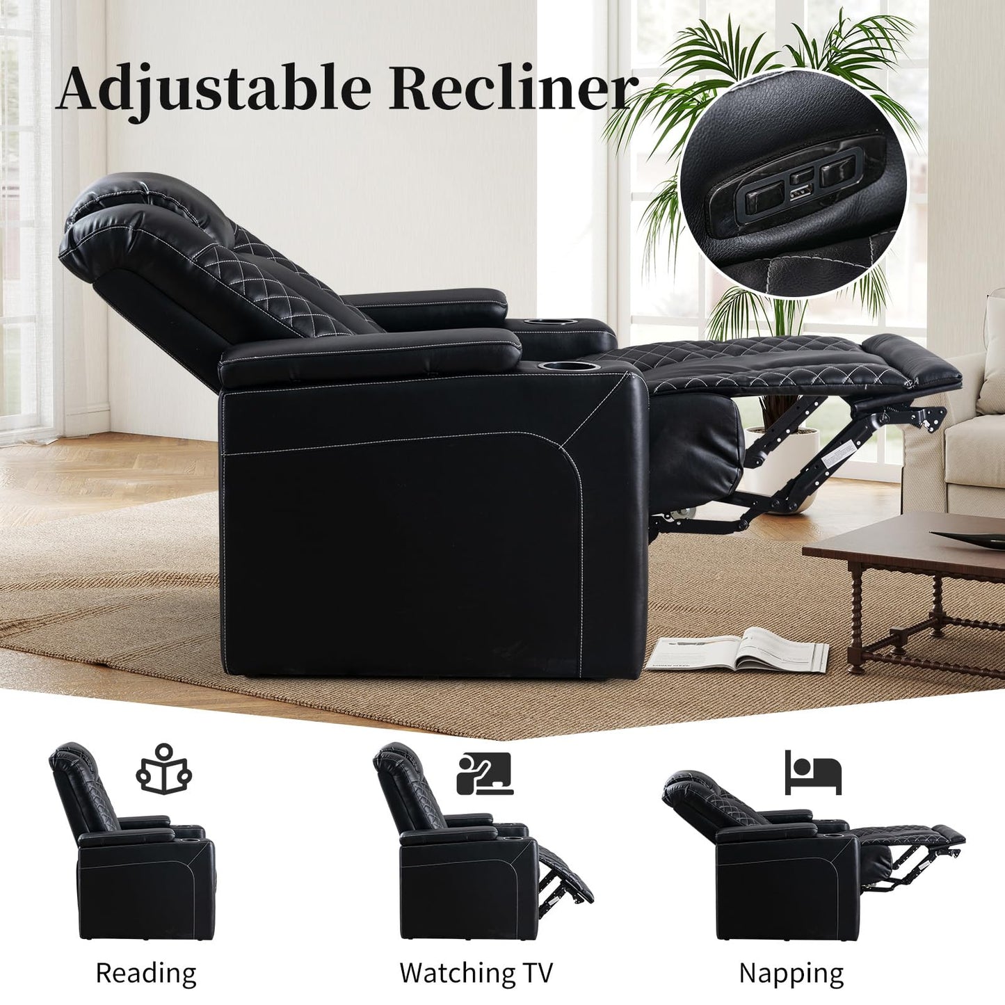 IOMOR Home Theater Seating with USB Ports and Cup Holders, Overstuffed Faux Leather Electric Power Recliner Chair with Hidden Arm Storage, Ambient Lighting (1, Black+Lighting)