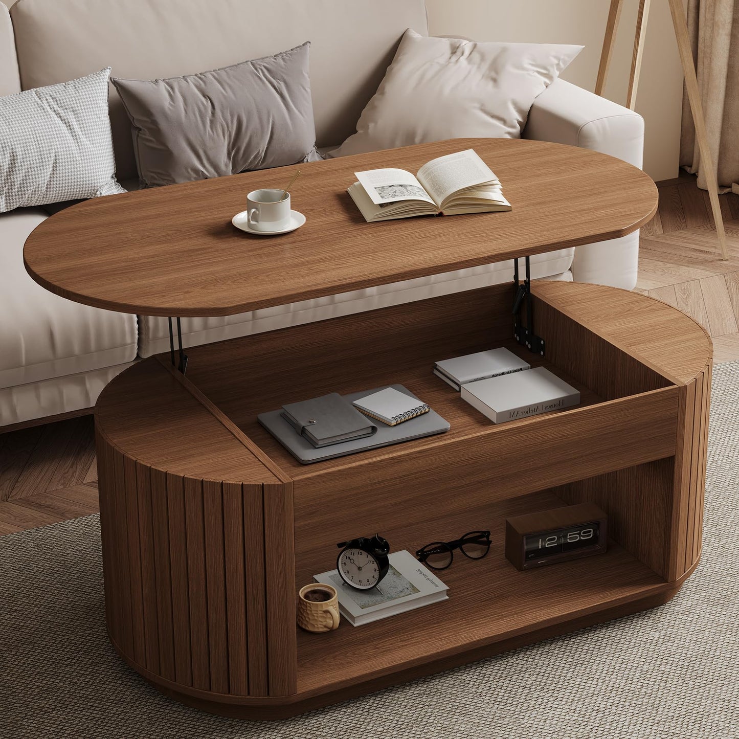Epecoya 47 Inch Lift Top Coffee Table with Storage for Living Room, 2-Tier Rustic Lift Up Tabletop Mid Century Center Tables with Hidden Compartment for Apartment, Dark Walnut Brown