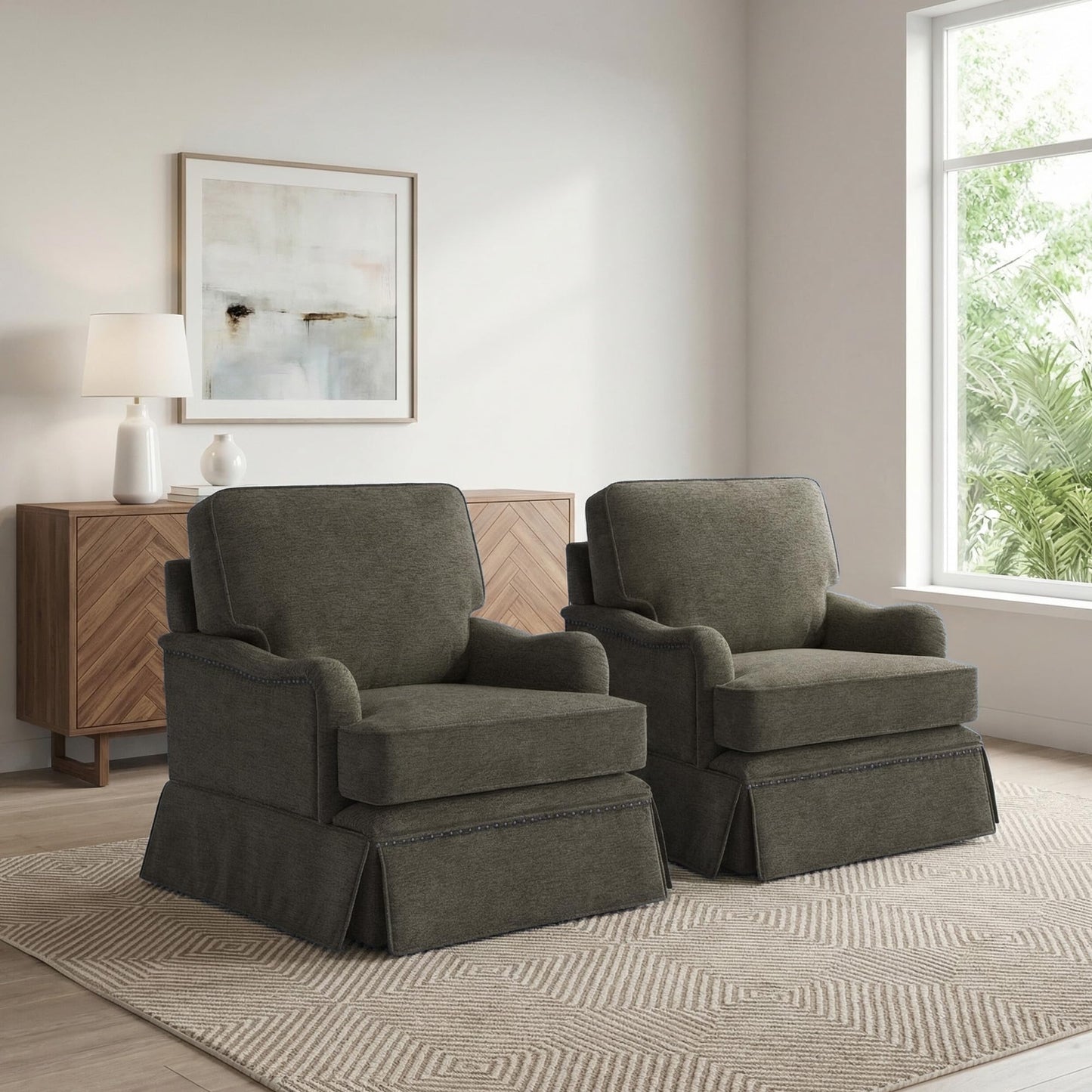 Swivel Accent Chair, 360° Swivel Upholstered Armchairs with Curved Arms, Comfy Chenille Fabric Lounge Reading Chairs for Living Room Bedroom Study, Metal Swivel Base, Tan