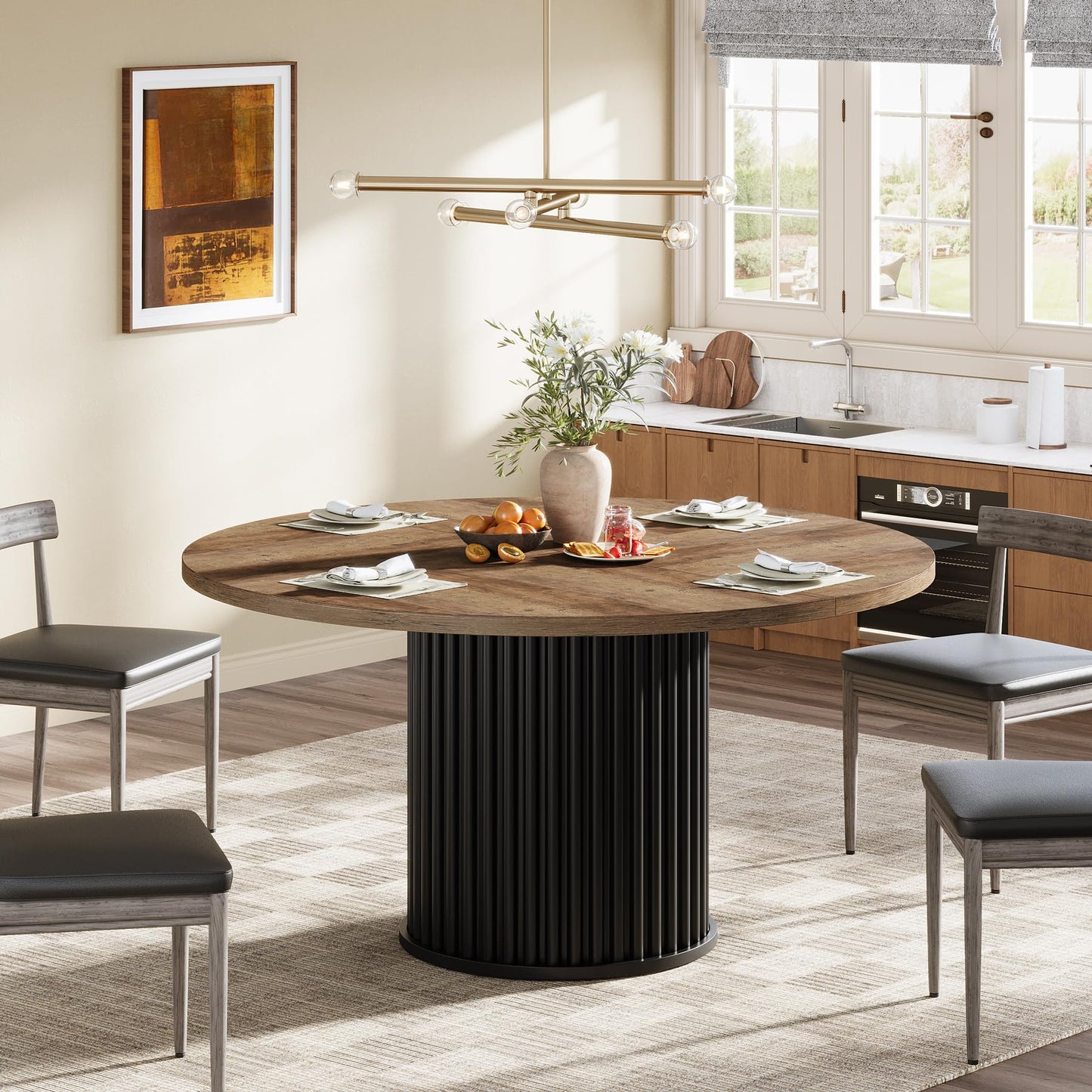 Tribesigns 47.24-Inch Black Round Dining Table for 4-6 People, Modern Fluted MDF + Metal Base Kitchen Table, Sturdy Circle Dining Room Furniture, Black