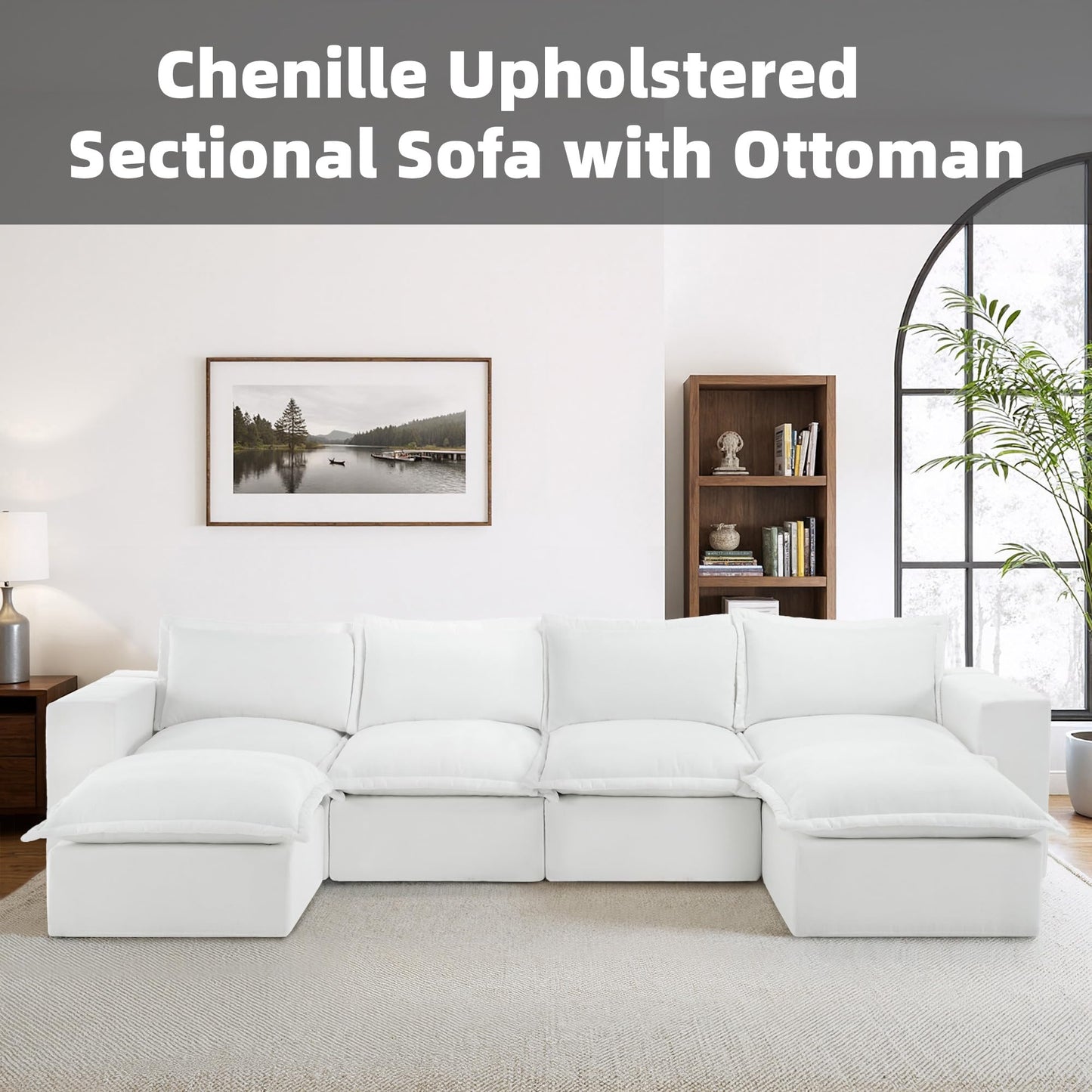 116" Modular Sectional Sofa, Comfy L Shaped Modular Coush Sofa with Ottoman, 3-Seat Chenille Cloud Couches Deep Seat Sofa for Living Room, Apartment, Small Spaces, Beige