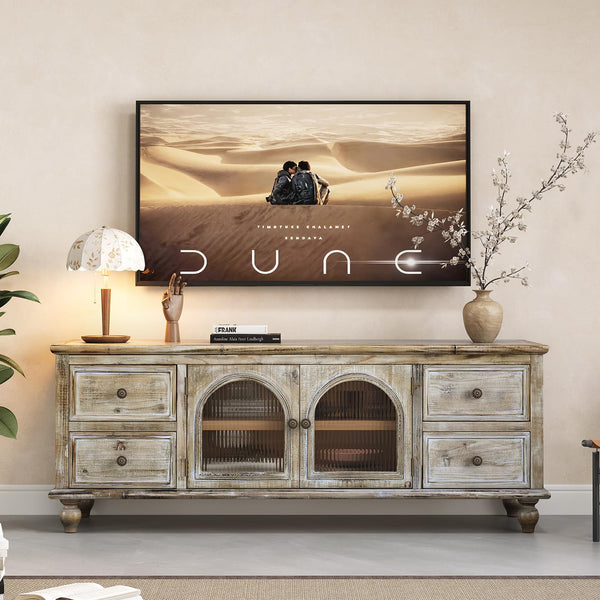 LKTART 60" Solid Wood Farmhouse TV Stand,Rustic Entertainment Center Media Console with Arched Fluted Glass Doors & Drawers,Vintage Storage Cabinet for Living Room,Antique Natural