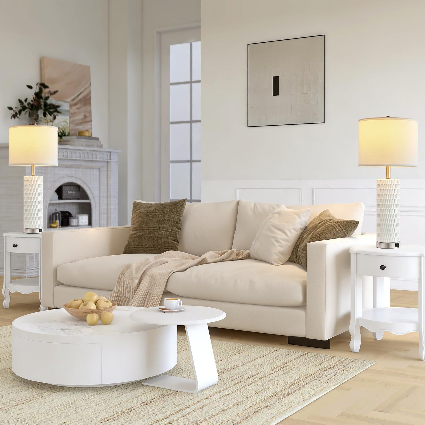 White Ceramic Table Lamps Set of 2, 28" Lamps for Living Room with USB C+A Ports, Touch Lamps for Nightstand, 2 Bulbs Included