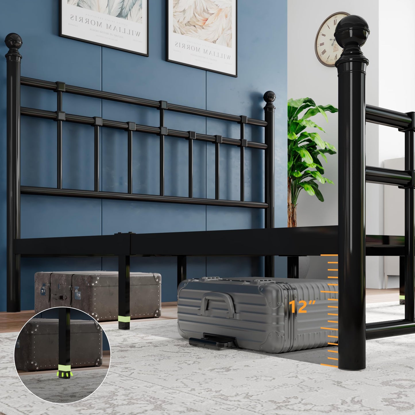 Einhomn King Size Metal Platform Bed Frame with Victorian Iron-Art Tall Headboard and Footboard, Mattress Foundation for Under Bed Storage/Heavy Duty Steel Slat Supported, No Box Spring Needed, Black