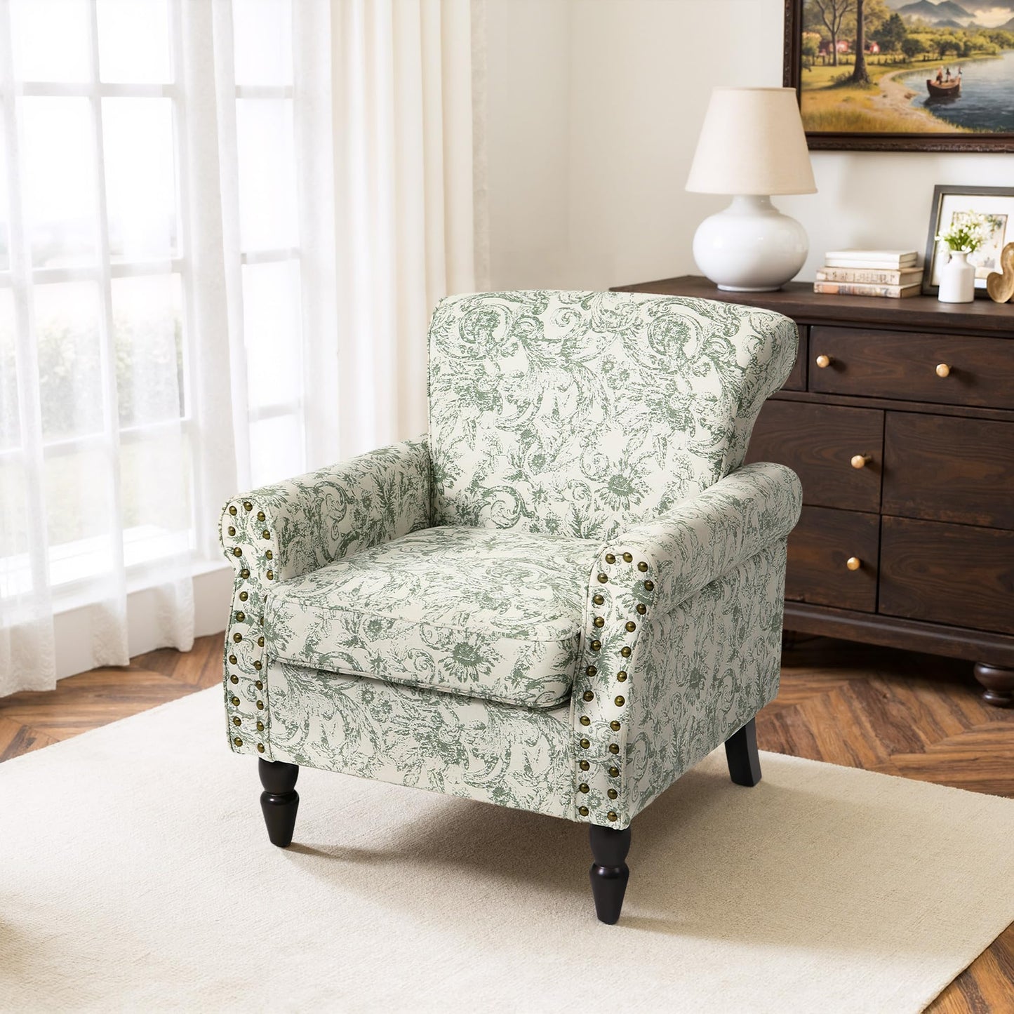 Wingback Accent Chairs Set of 2, Mid-Century Modern Upholstered Armchair Living Room Chair with Nailhead Trim & Rolled Armrest, Comfy Lounge Chair Single Sofa Chair for Bedroom, Light Blue