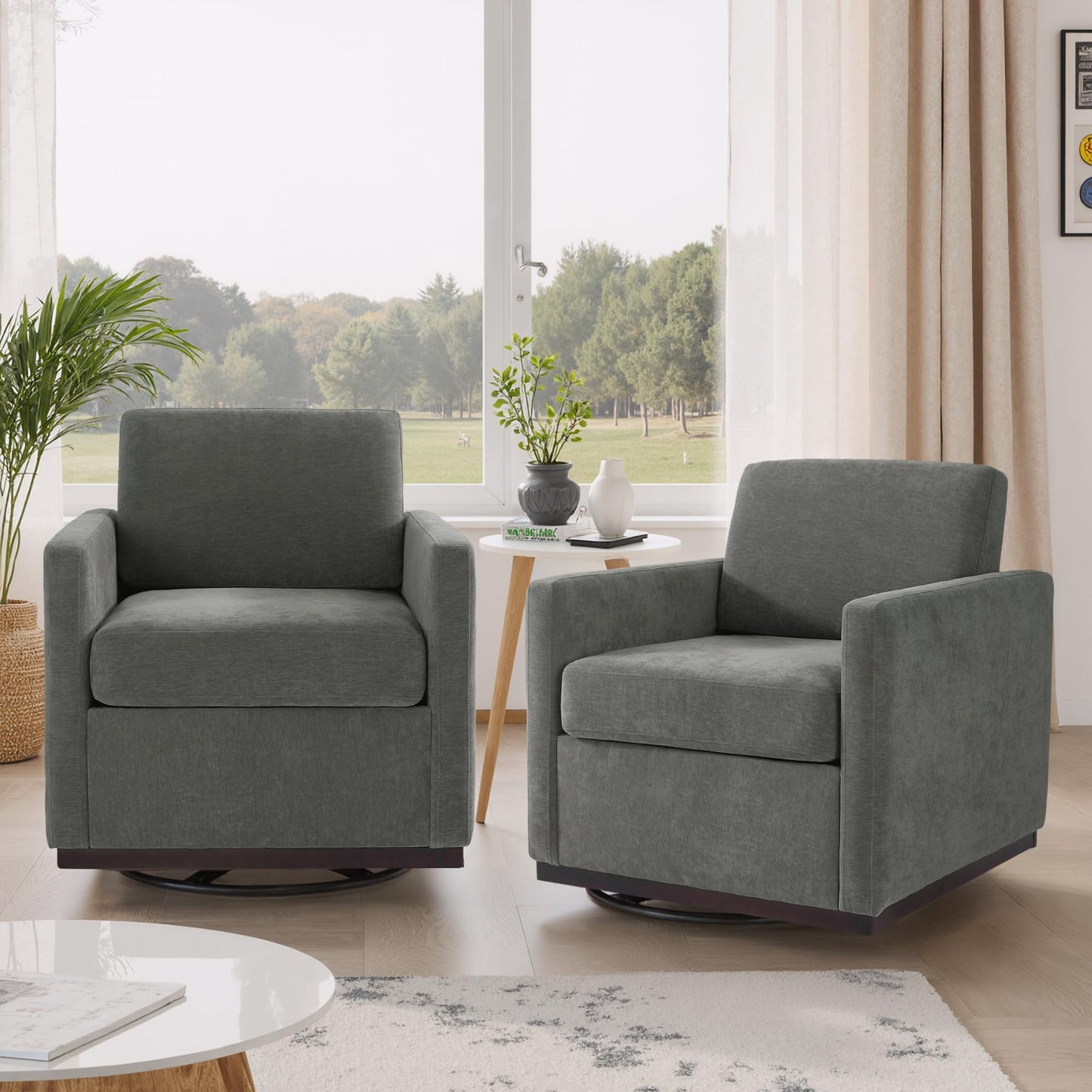 Swivel Accent Chairs Set of 2, 360° Swivel Upholstered Faux Leather Club Armchairs for Living Room, Comfy Single Sofa Reading Chair with Deep Seat, Metal Swivel Base, Coffee