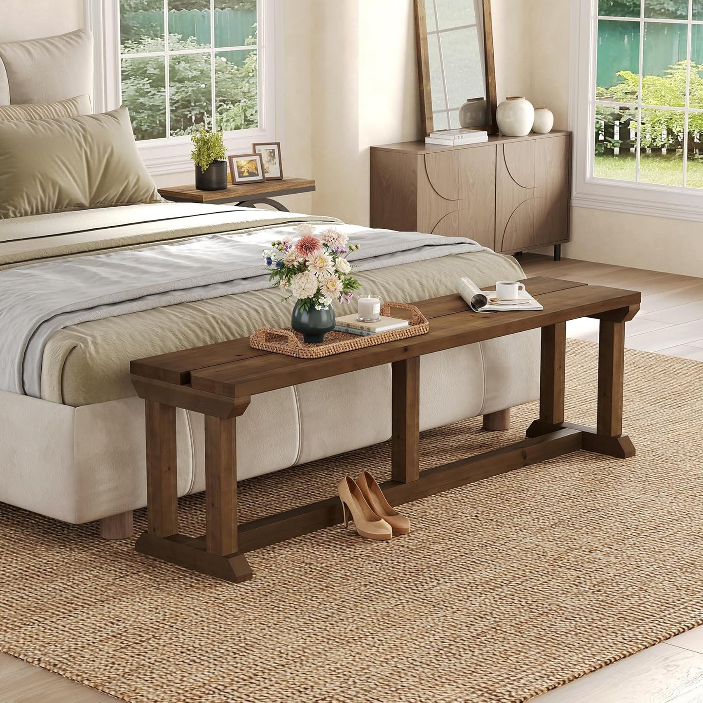 Solid Wood Shoe Bench, 59" Farmhouse Entryway Bench, Narrow Rustic Bed Seat for Bedroom, Entryway, Hallway, Living Room, Rustic Brown