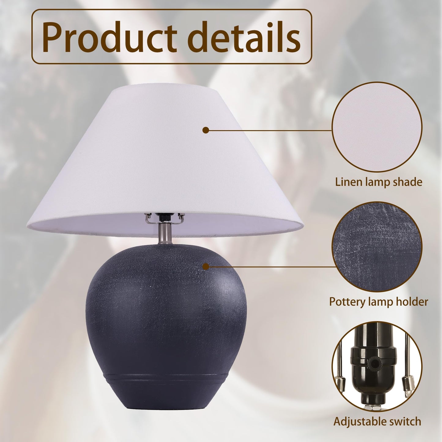 Farmhouse Ceramic Table Lamp, 21" Rustic Table Lamp with Linen Shade, 3-Way Dimmable Bedside Nightstand Lamps for Bedroom, Living Room, E26 Socket, Dark Grey