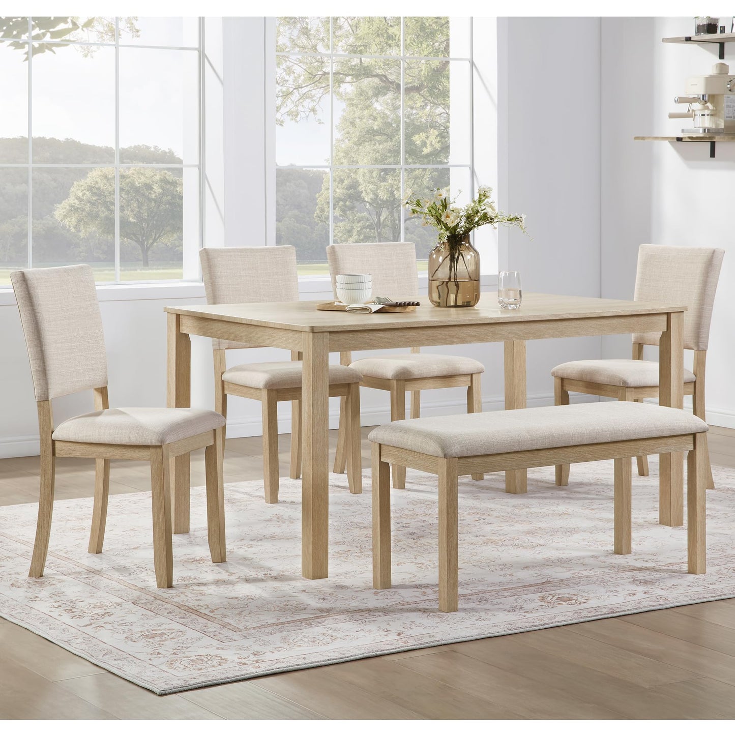 LKTART 6 Piece Kitchen Dining Set, 58.5" Rectangular Wooden Dinner Table with 4 Upholstered Chairs and a Bench for Living Room, Home Bar and Kitchen, Walnut