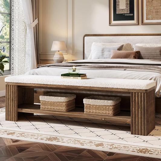 63" Solid Wood Entryway Bench, Farmhouse Upholstered End of Bed Bench, with Removable Faux Lambswool Cushion and Fluted Legs, Indoor Long Ottoman for Bedroom, Entryway, Dark Brown