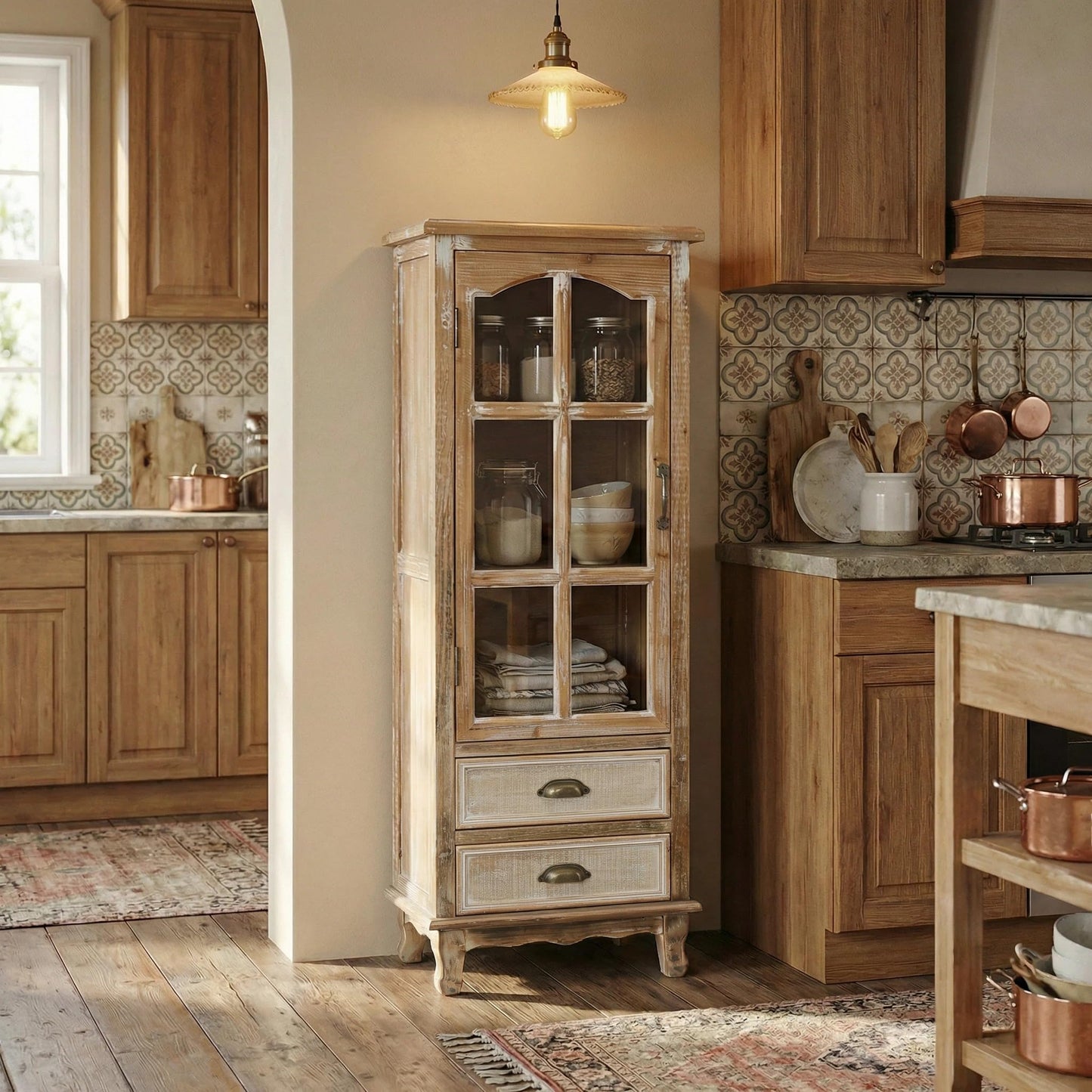 LKTART KTART 55'' Tall Kitchen Pantry Cupboard Storage Cabinet with Shelves & Drawer,French Country Accent Cabinet with Embossed Floral Metal Doors and Solid Wood Frame,Natural Wood