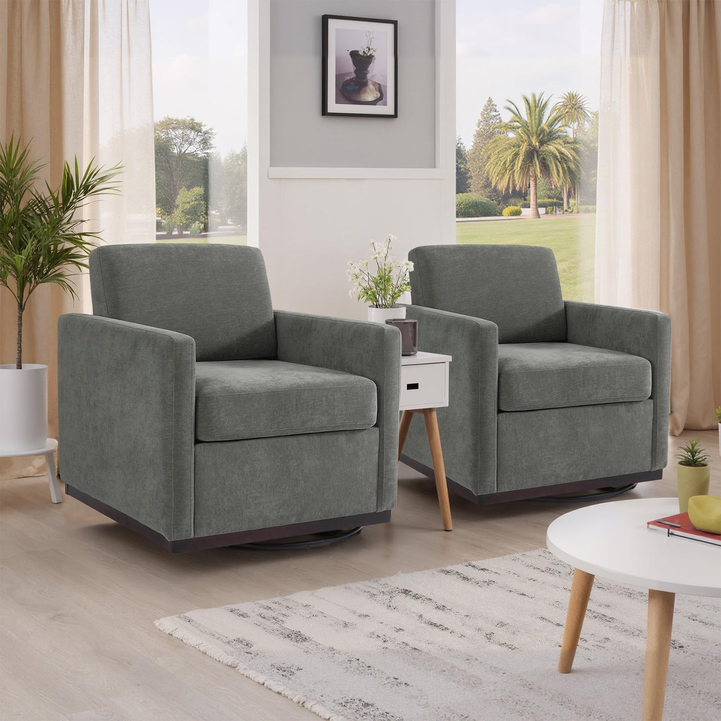 Swivel Accent Chairs Set of 2, 360° Swivel Upholstered Faux Leather Club Armchairs for Living Room, Comfy Single Sofa Reading Chair with Deep Seat, Metal Swivel Base, Coffee