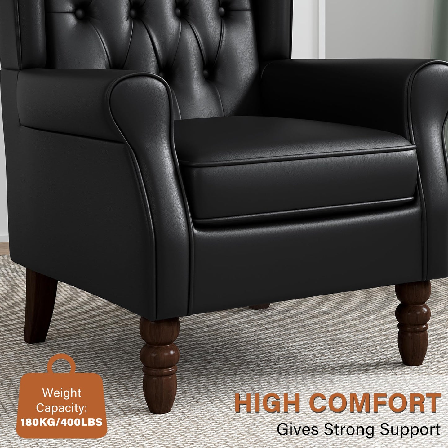 Faux Leather Wingback Chairs Set of 2, High Back Accent Chair for Living Room, Button-Tufted Upholstered Armchair with Solid Wood Legs, Comfy Reading Chair for Bedroom, Brown