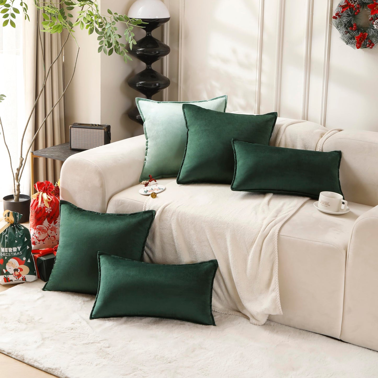 VAKADO Throw Pillow Covers 18x18 Set of 2 Olive Green Velvet Decor Decorative Couch Cushion Euro Xmas Pillowcases with Fringe Home Bed Decoration for Sofa Bedroom Office