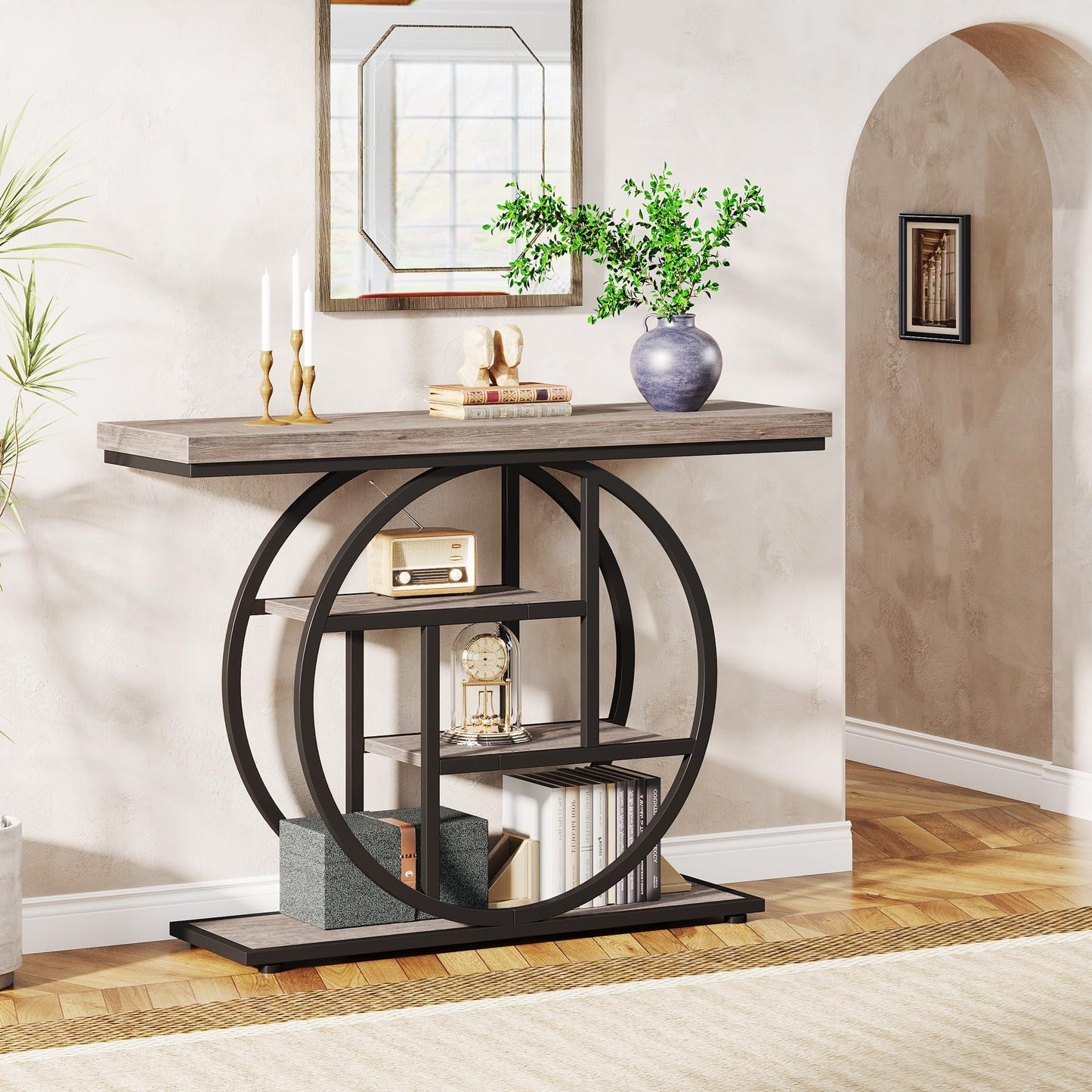 Tribesigns 41.3" Console Table, Industrial 4-Tier Sofa Table Entryway Table with Circle Base, Narrow Wood Accent Tables with Storage Shelves for Living Room, Hallway, Foyer, Rustic Brown