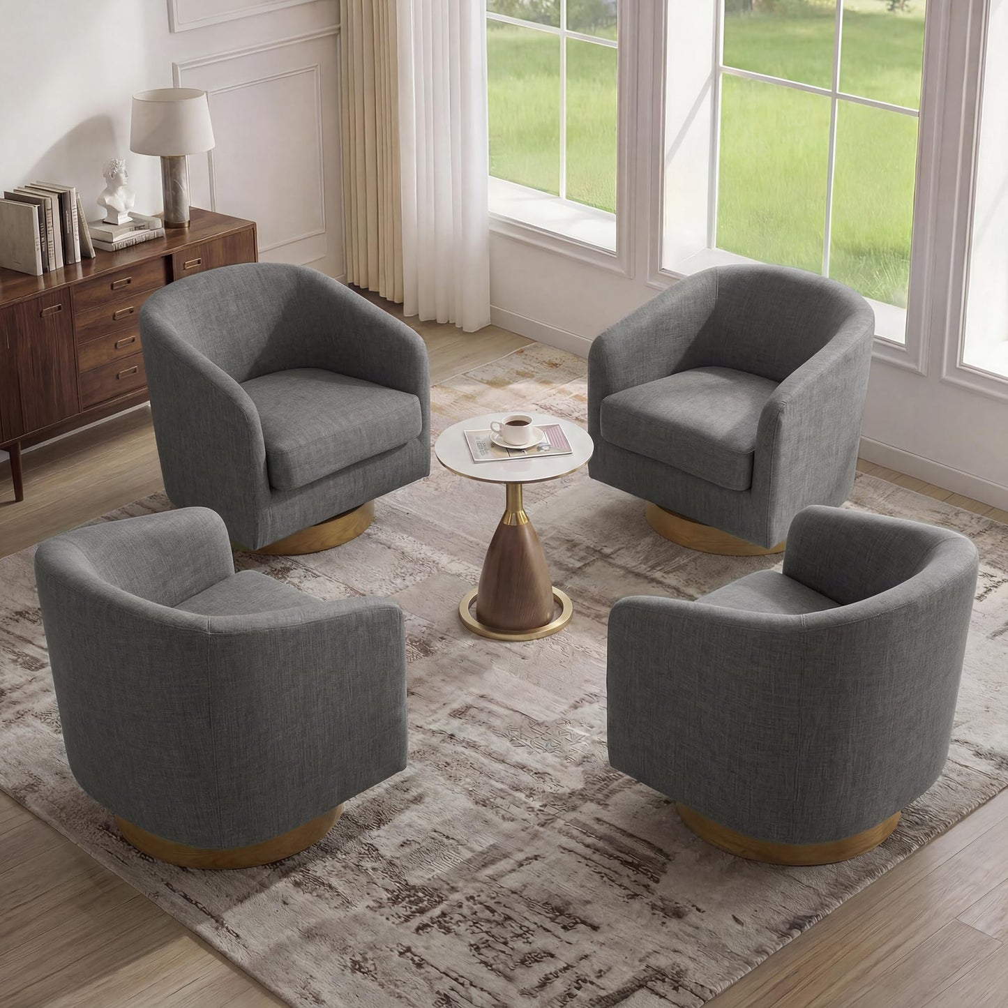 Swivel Barrel Chairs Set of 2, 31" W Modern Faux Leather Round Swivel Accent Chair for Living Room, 360° Rotation Upholstered Armchair Club Chair for Bedroom, Reading Room, Office (Brown)