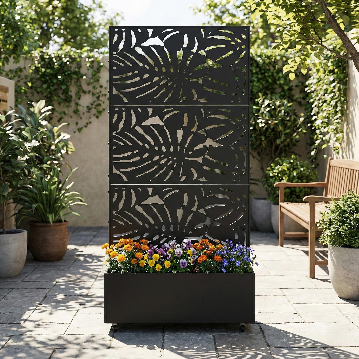 Metal Raised Garden Bed with Trellis and Wheels, 71"x47"x16" Planter Box with Privacy Screen & Drainage Holes, Arched Outdoor Garden Bed for Climbing Plants, Vegetables, Flowers (Black-Square)