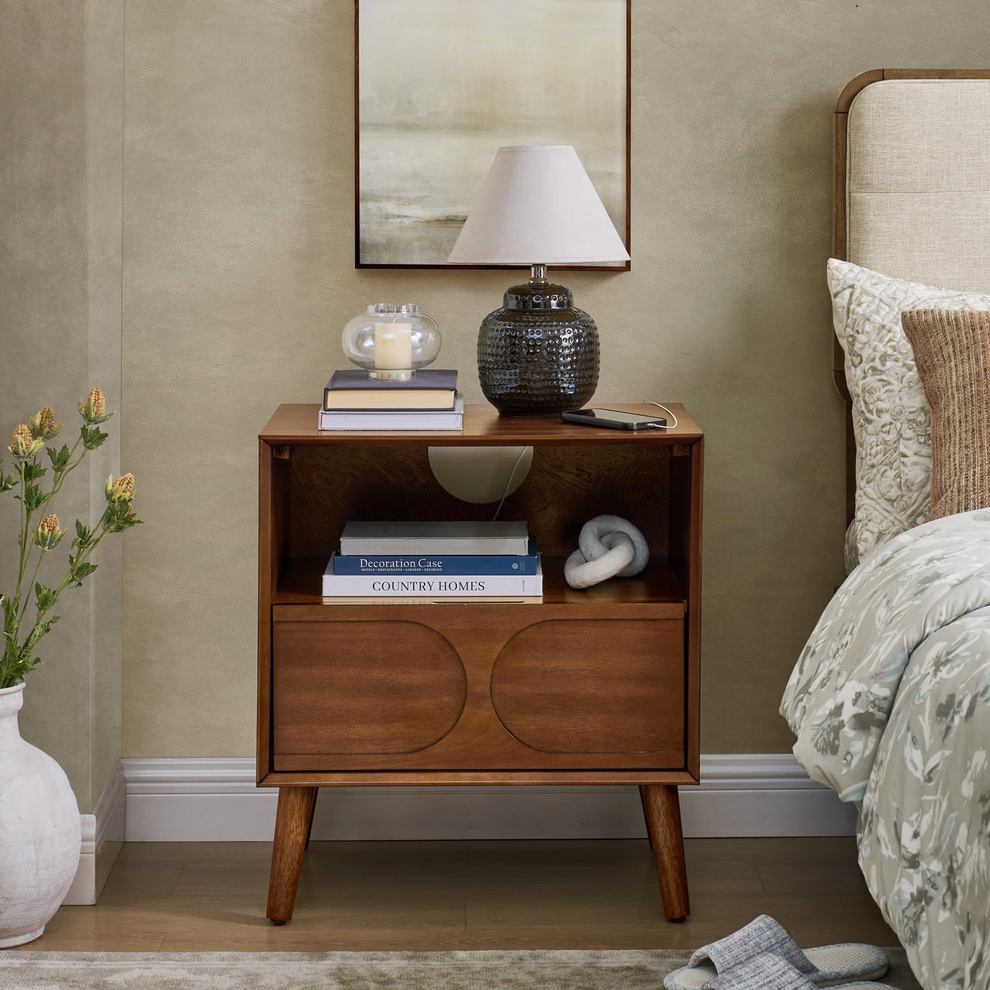 LKTART Night Stand with Charger Station, Wood Bed Side Table with Drawers,Mid Century Modern Nightstand with Solid Wood Feet,End Tables for Bedroom Walnut