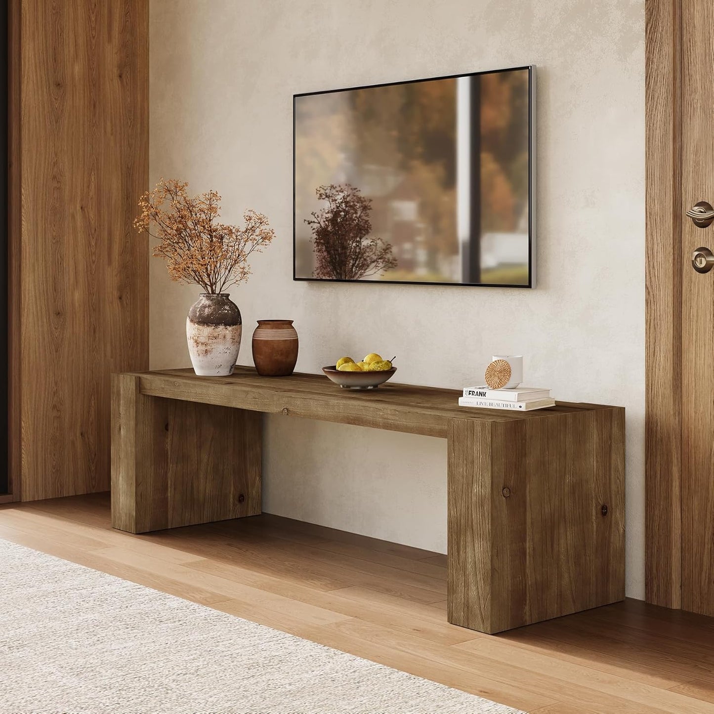 59-Inch Solid Wood Entryway Bench, Farmhouse TV Stand, Long Dining Bench for with Sturdy Frame for Living Room, Dining Room, Kitchen, Bedroom, Hallway, Rustic Brown