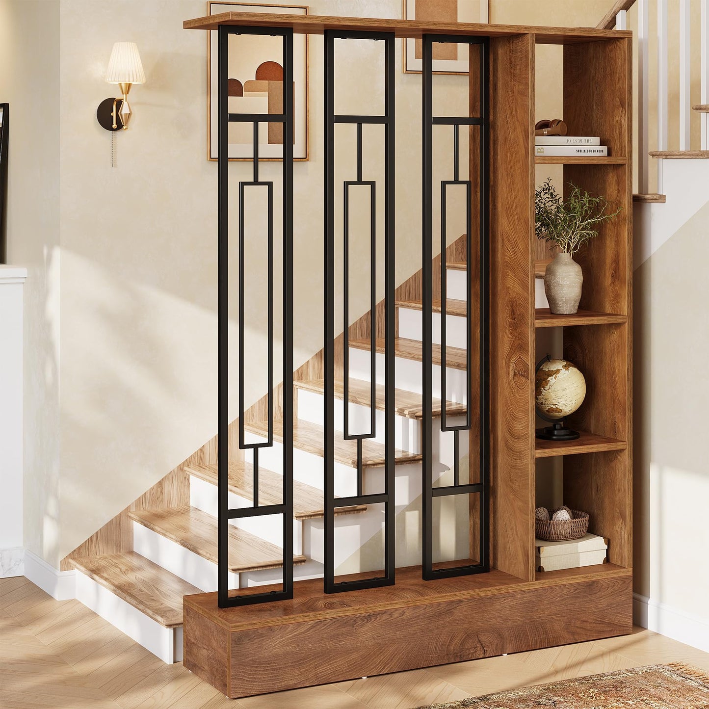 Tribesigns Wall Room Divider with Display Shelves, 70.9" Modern Freestanding Room Divider Screen with Sturdy Base, Wall Partition for Home & Office (Brown & Black, 47.2" W x 11.8" D x 70.9" H)