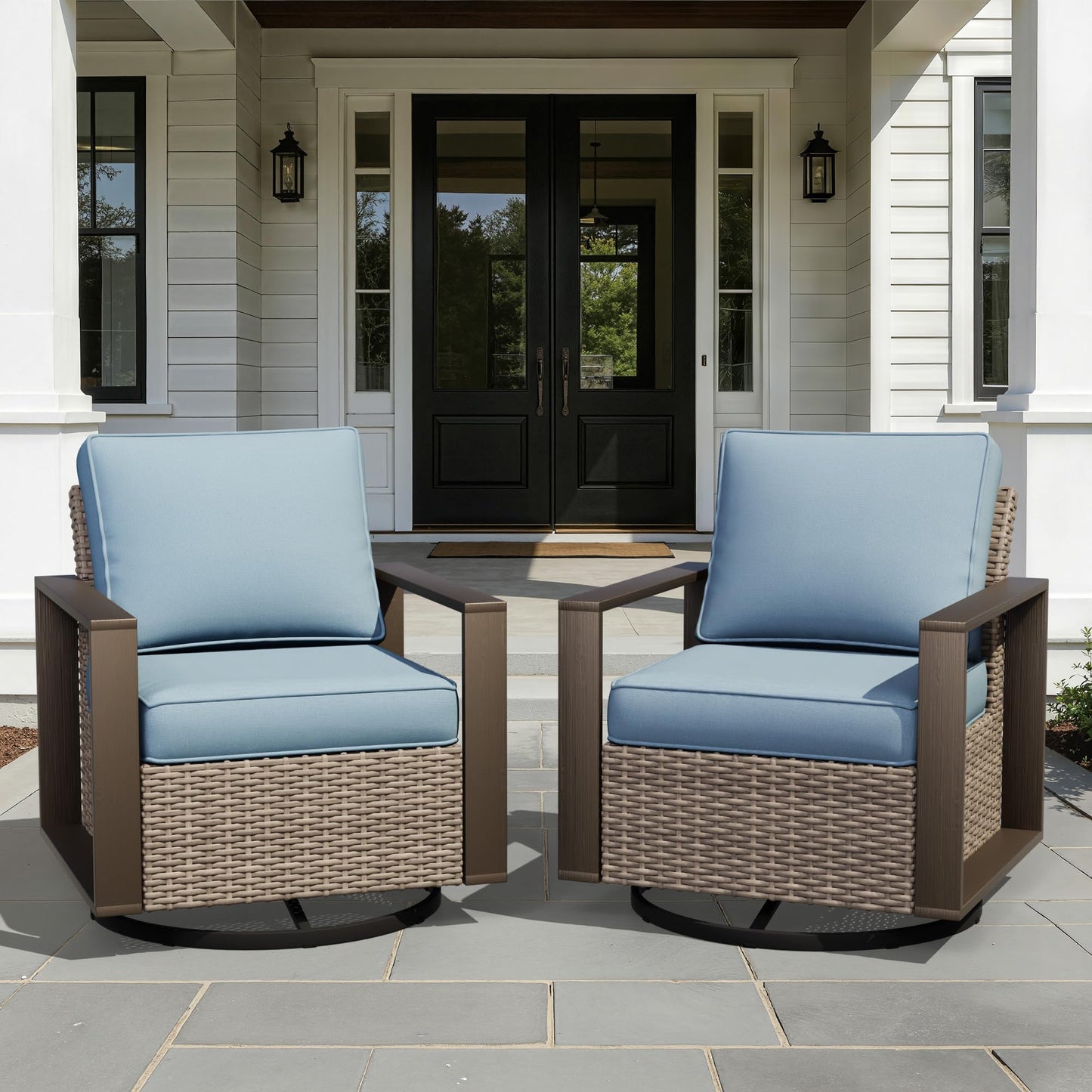 Joyside Outdoor Patio Swivel Rocker Chairs, 3 Pieces Wicker Furniture Set, 2 Swivel Rocking Chairs and 1 Table, Metal Wide Armrest, Thick Cushions and Deep Seating for Garden, Backyard, Porch, Deck