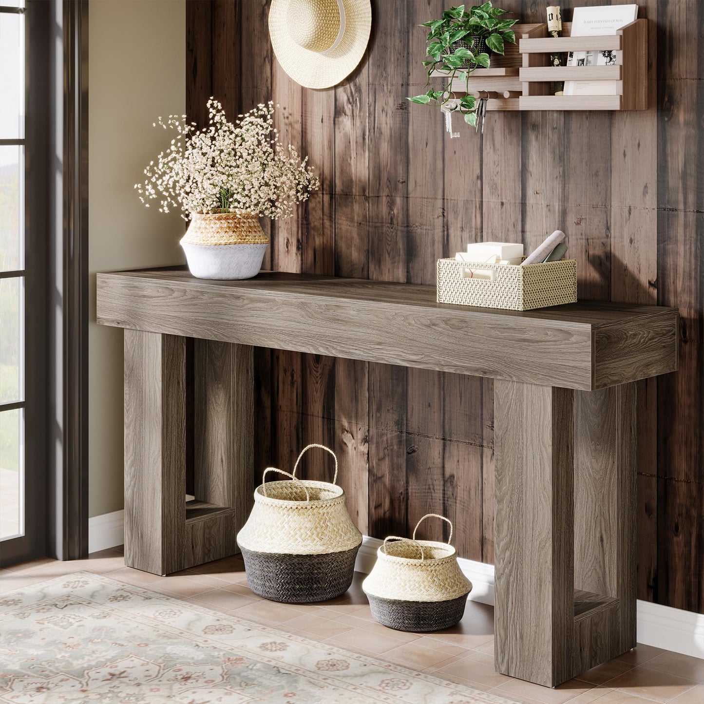 Tribesigns Farmhouse Console Table, 63-Inch Long Narrow Sofa Table Behind The Couch, Wooden Rectangular Entryway Table for Entrance, Hallway, Living Room (Natural)