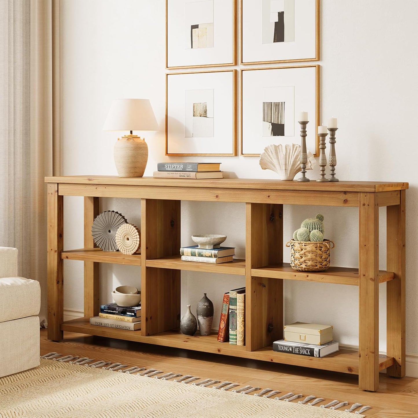 63-Inch Solid Wood Console Table for Entryway, 3-Tier Long Farmhouse Sofa Table with 6 Storage Cubes for Living Room, Hallway, Brown