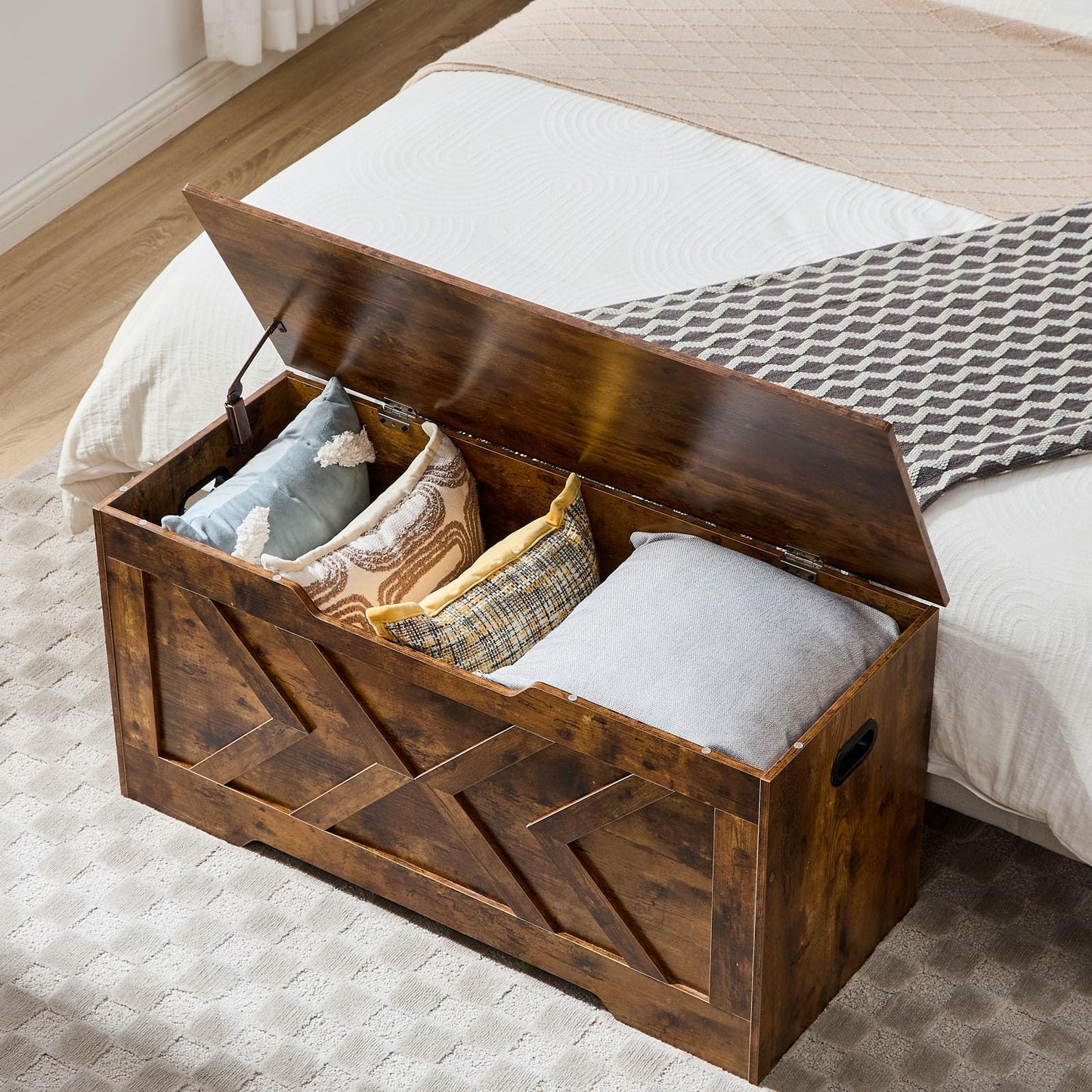 47.2” Storage Bench,Extra Large Wooden Storage Chest with 2 Safety Hinges,entryway Bench,Blanket Storage,Shoe Storage Bench for Entryway,Bedroom,Living Room,Easy Assembly.-Greige