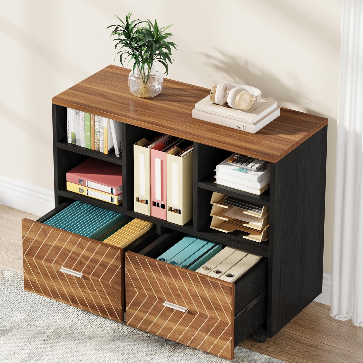 Tribesigns 2-Drawer Wood File Cabinet, Mobile Lateral Filing Cabinet for Hanging Letter Size Files, Printer Stand with Open Storage Shelves for Home Office (Oak Karo & White)
