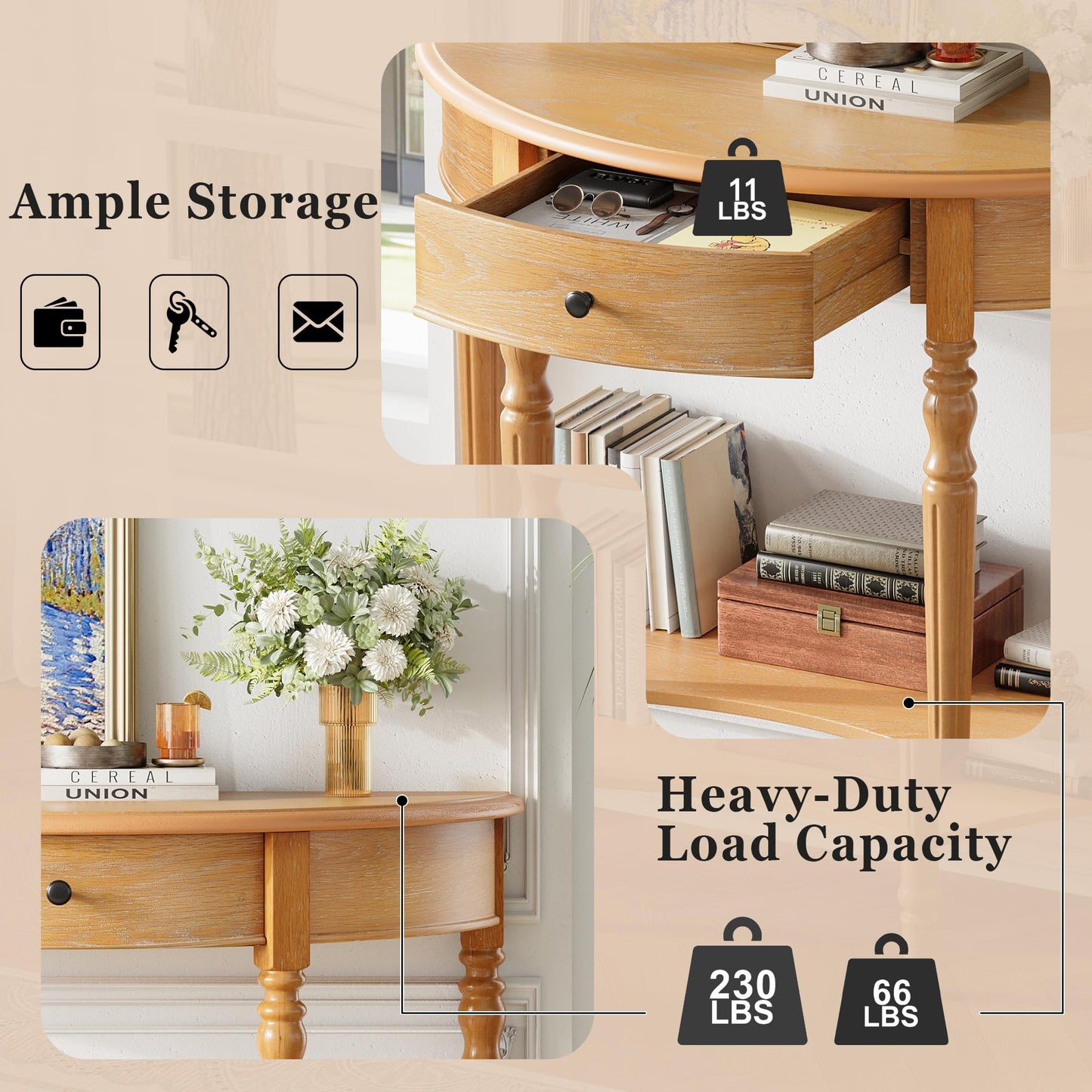 LKTART Small Solid Wood Sofa Table,Console Table with Drawers and Bottom Shelf, Entryway Hallway Foyer Entry Table for Living Room(23.7" Natural)
