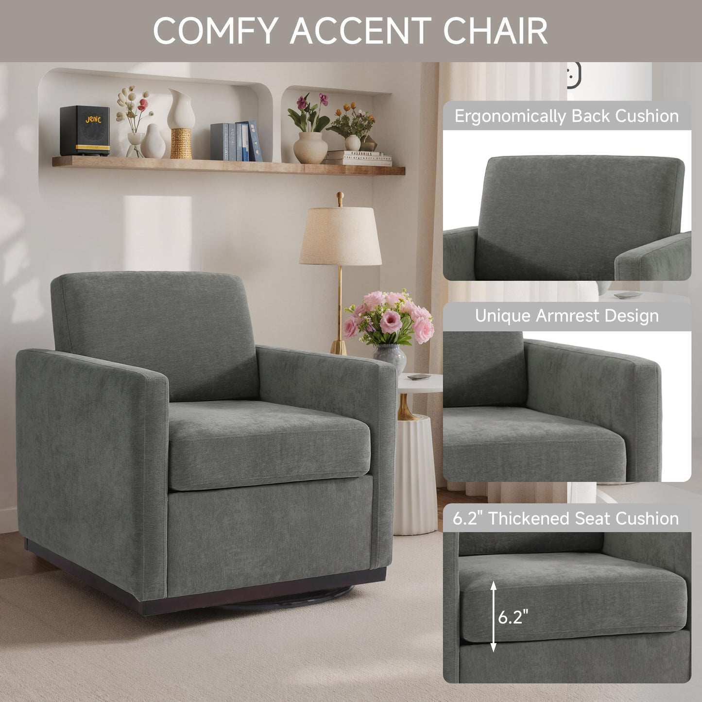 Swivel Accent Chairs Set of 2, 360° Swivel Upholstered Faux Leather Club Armchairs for Living Room, Comfy Single Sofa Reading Chair with Deep Seat, Metal Swivel Base, Coffee