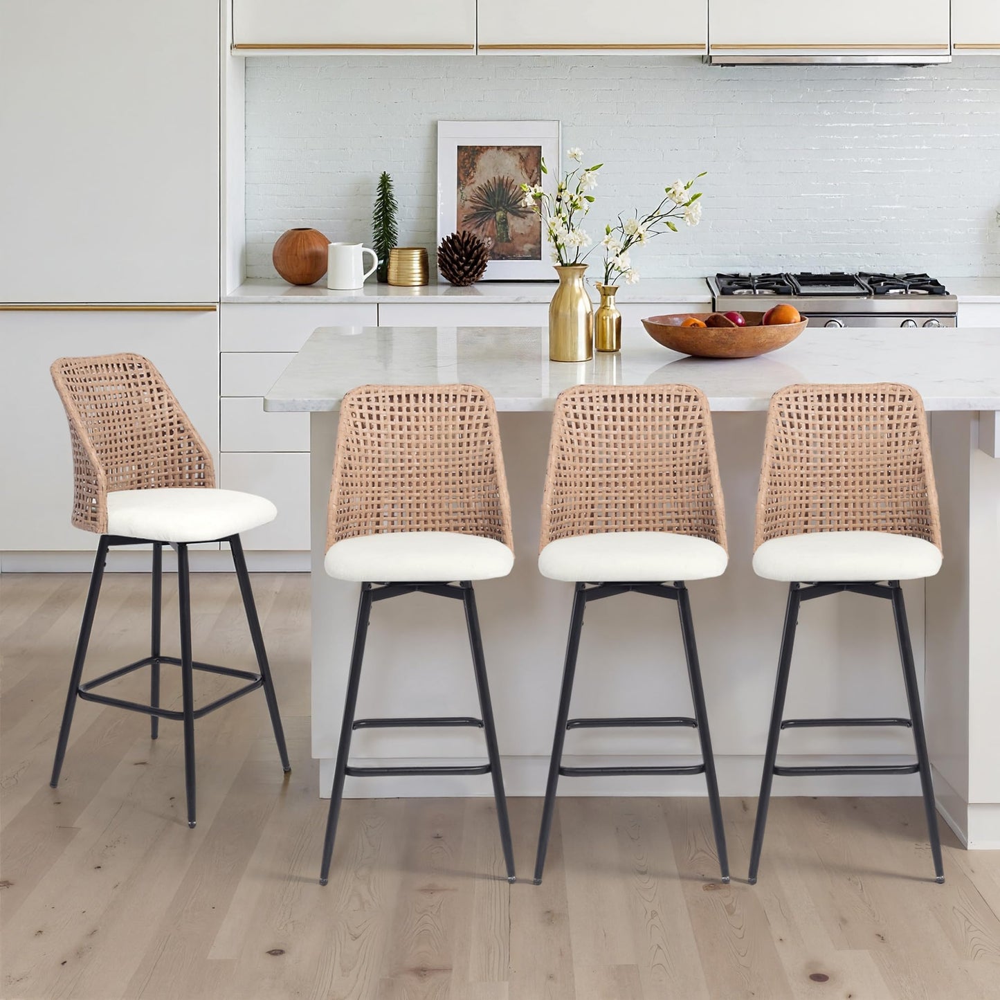 28.7" Swivel Bar Stools Set of 2, Mid Century Modern Counter Height Barstools with Rattan Backrest, Upholstered Chenille Armless Bar Chair Island Stools for Kitchen Island, Bar, Beige