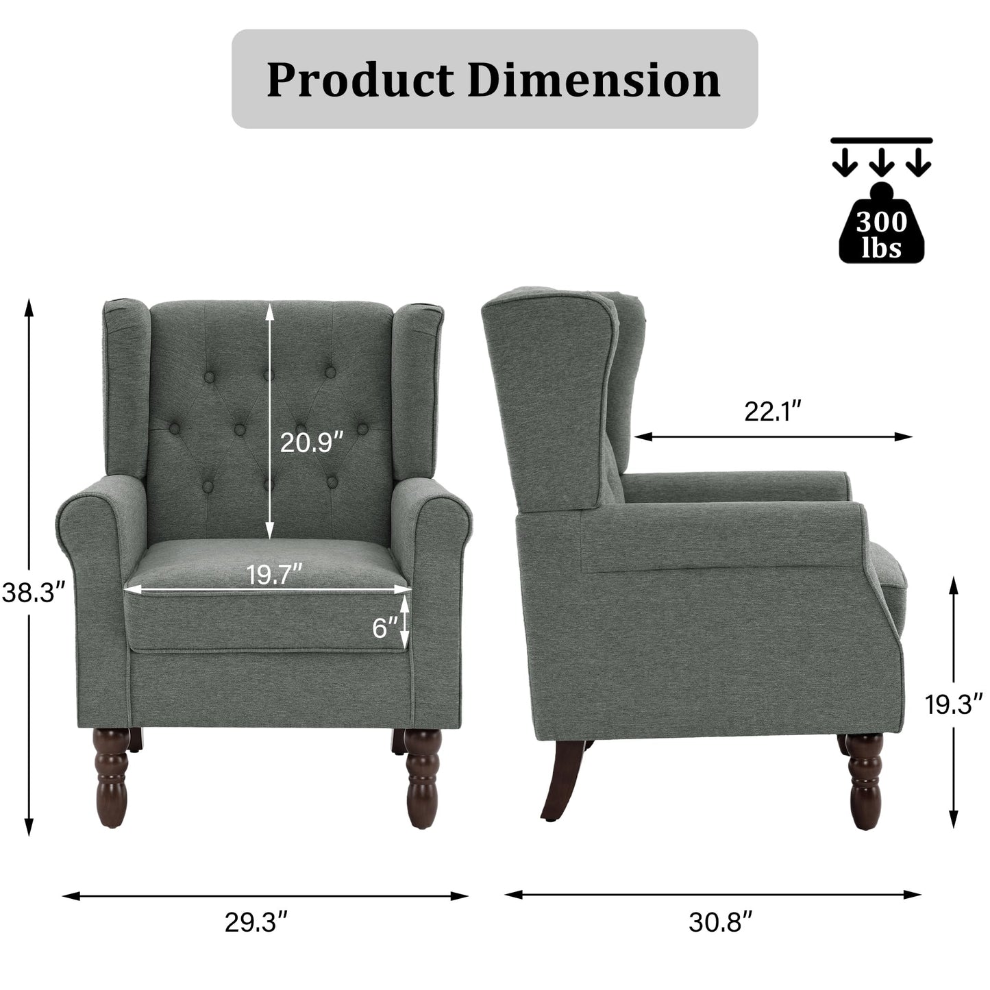 Faux Leather Wingback Chairs Set of 2, High Back Accent Chair for Living Room, Button-Tufted Upholstered Armchair with Solid Wood Legs, Comfy Reading Chair for Bedroom, Brown