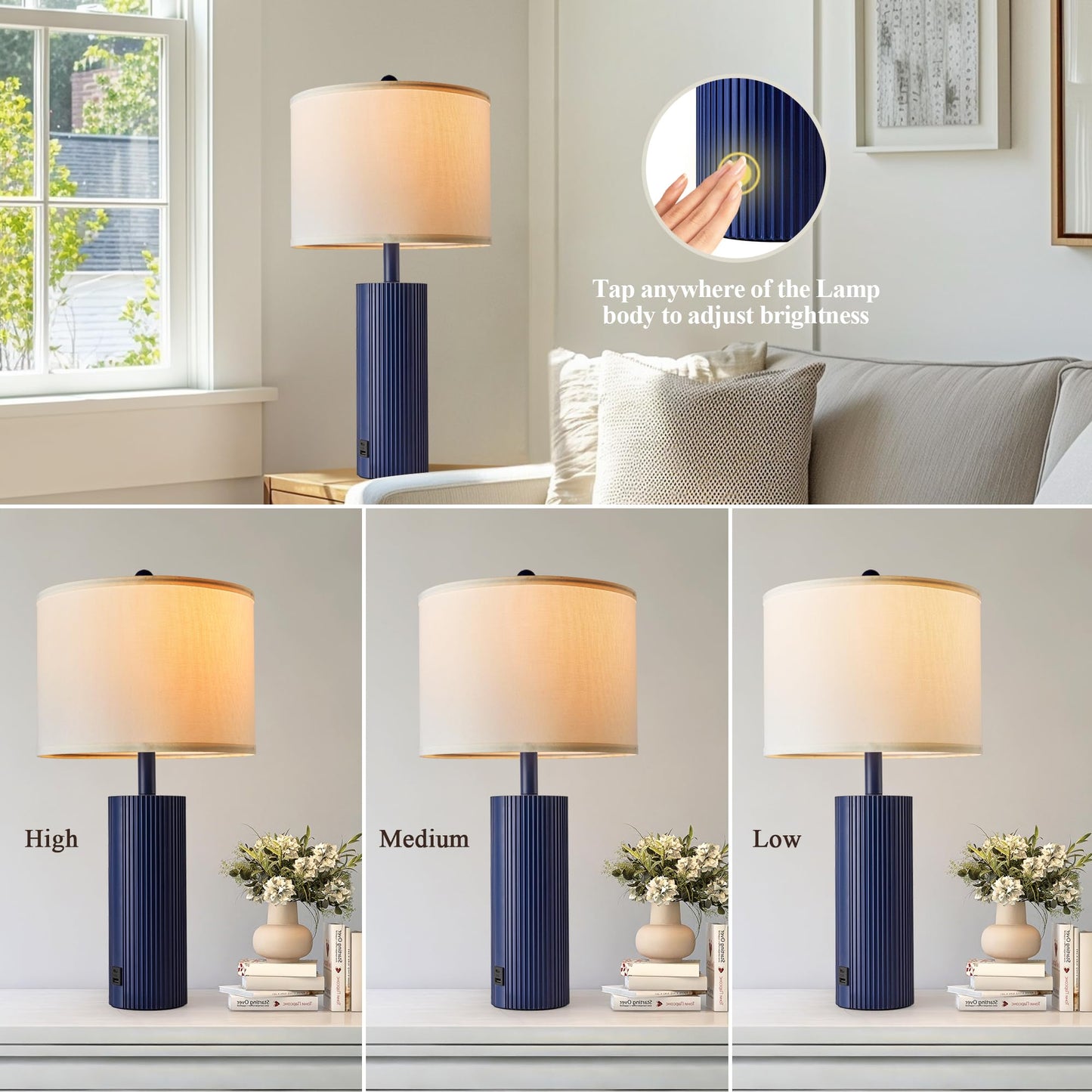 24.5" Black Lamps Set of 2, Modern Table Lamps for Living Room with USB C+A Ports, Creative Stripe Touch Lamps for Nightstand, 2 Bulbs Included