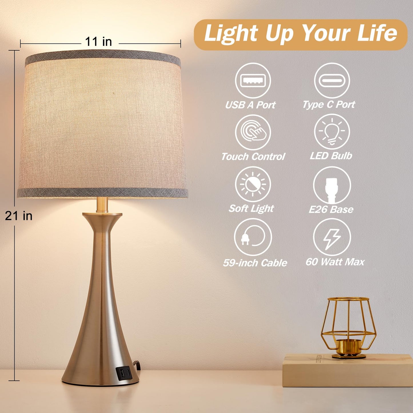 Touch Lamp for Living Room Bedroom, 21" Table Lamps Set of 2 with USB C+A Ports, Touch Bedside Lamps for Nightstand with 3 Way Dimmable, 2 LED Bulbs Included, Black