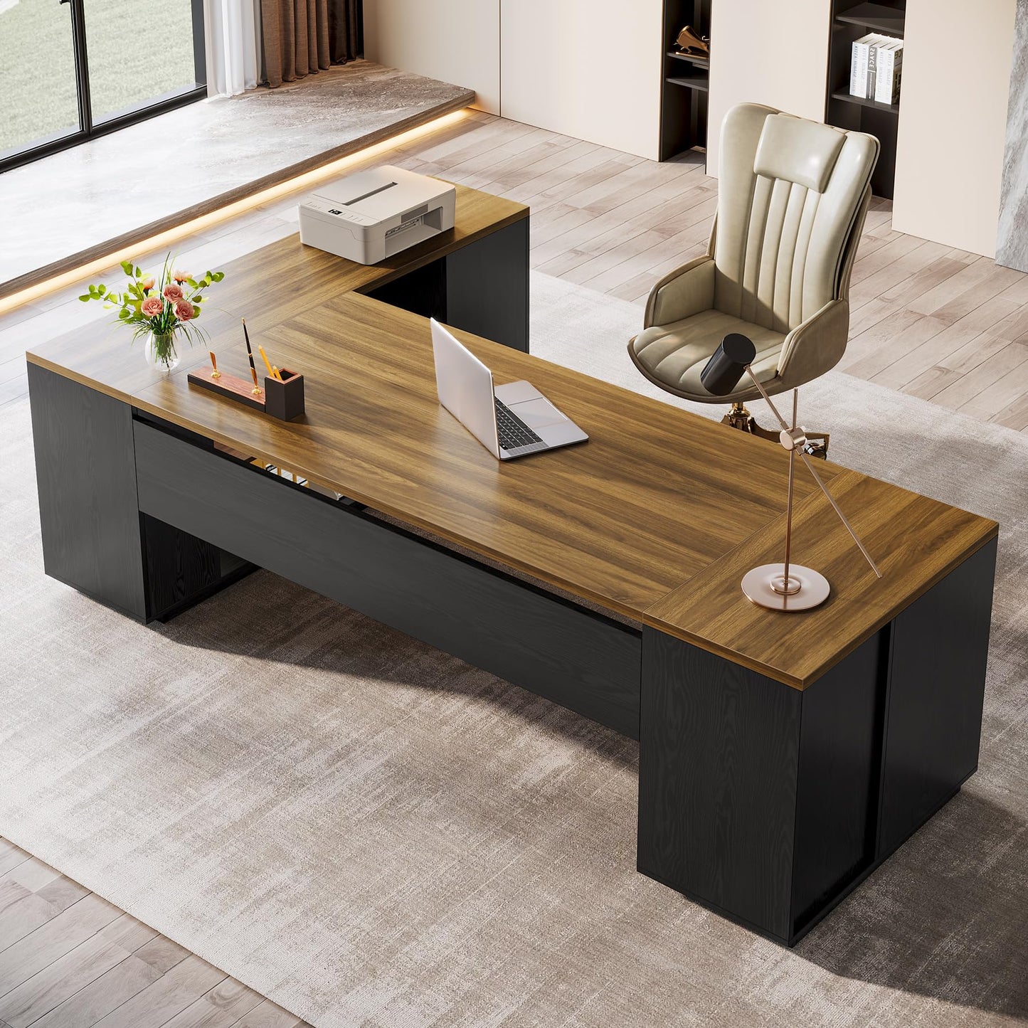 Tribesigns 85.8-Inch L-Shaped Executive Office Desk with File Drawers & Storage Cabinet, Professional Corner Computer Desk Extra Large Business Workstation with Adjustable Shelves (White&Walnut)