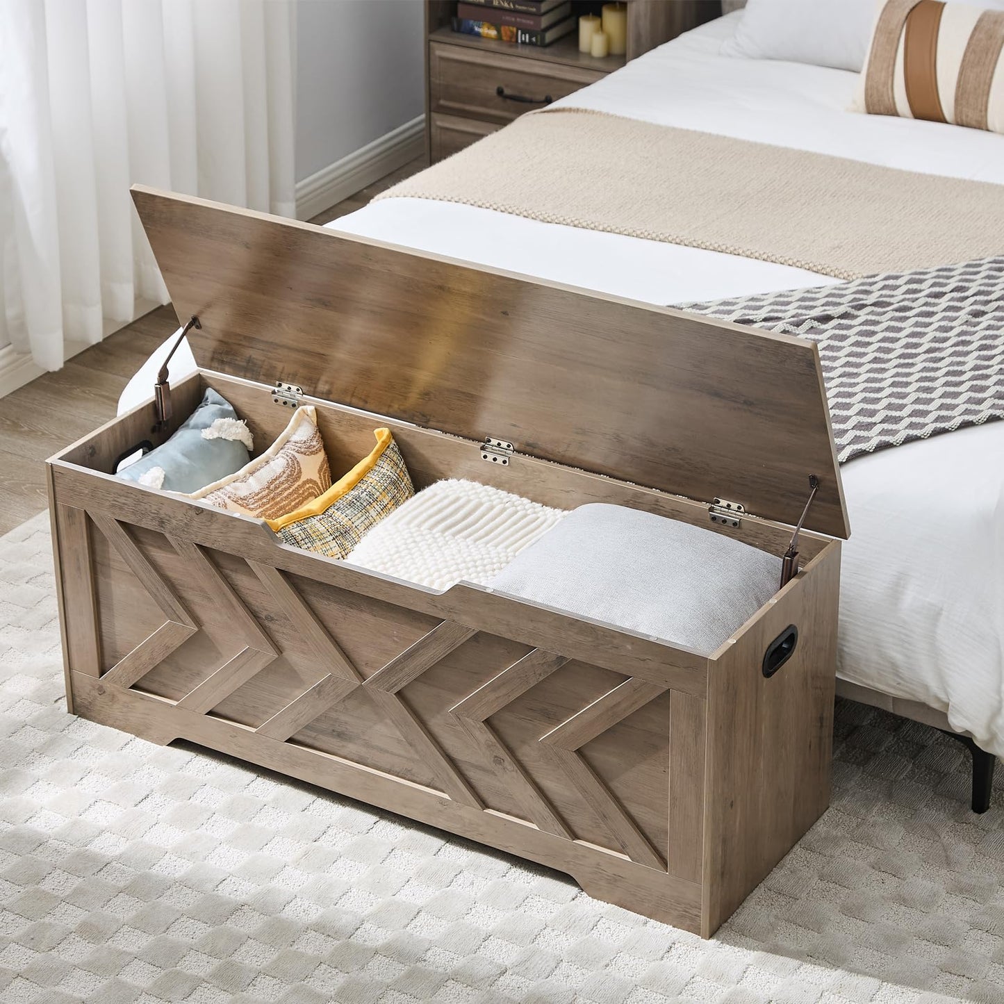 47.2” Storage Bench,Extra Large Wooden Storage Chest with 2 Safety Hinges,entryway Bench,Blanket Storage,Shoe Storage Bench for Entryway,Bedroom,Living Room,Easy Assembly.-Greige