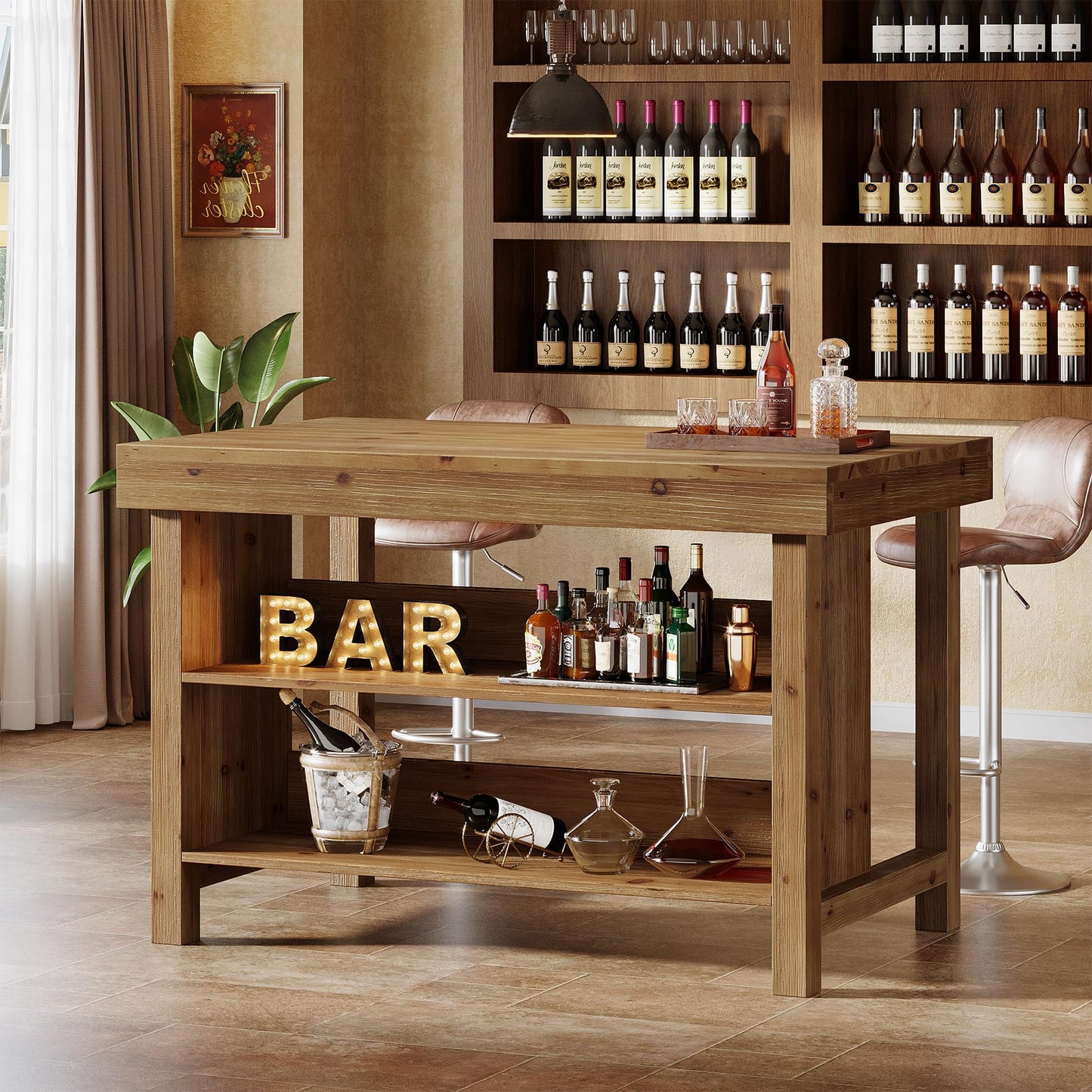 Solid Wood 55-Inch Bar Table, 3-Tier Farmhouse Home Bar Unit with Open Storage Shelves, Rectangular Counter Height Pub Dining Table for Kitchen, Dining Room, Living Room, Basement, Brown