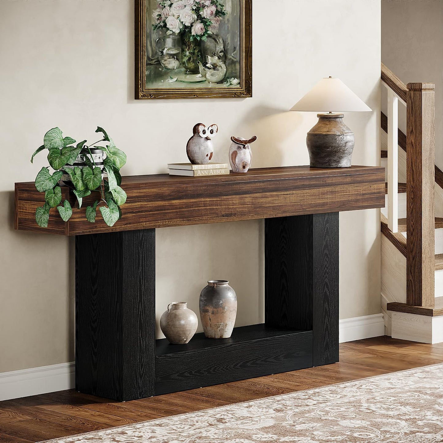 Tribesigns 63" Console Table, Farmhouse 2-Tier Entryway Table with U-Shaped Base, Narrow Long Wood Sofa Table Behind Couch Table for Living Room, Hallway, Foyer, Vintage Brown & Gray | Farmhouse