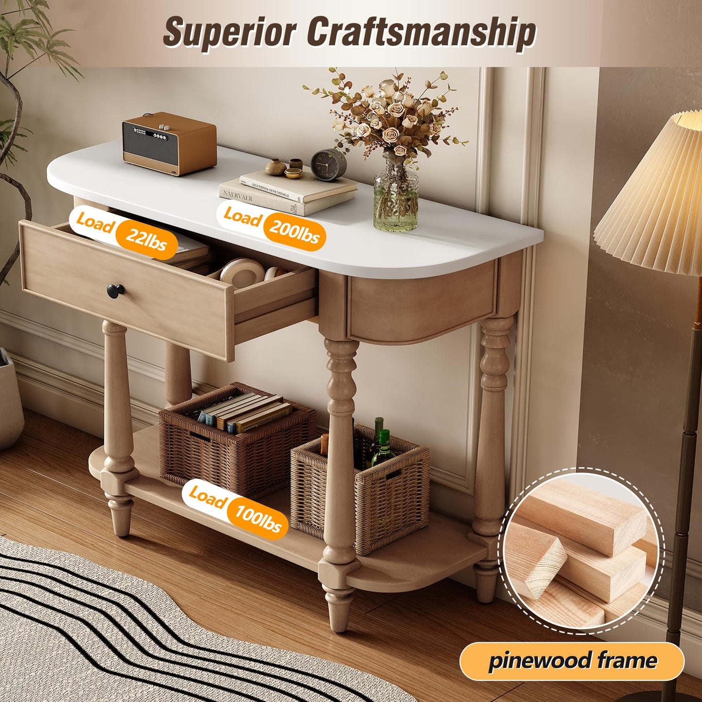 LKTART Small Solid Wood Sofa Table,Console Table with Drawers and Bottom Shelf, Entryway Hallway Foyer Entry Table for Living Room(23.7" Natural)