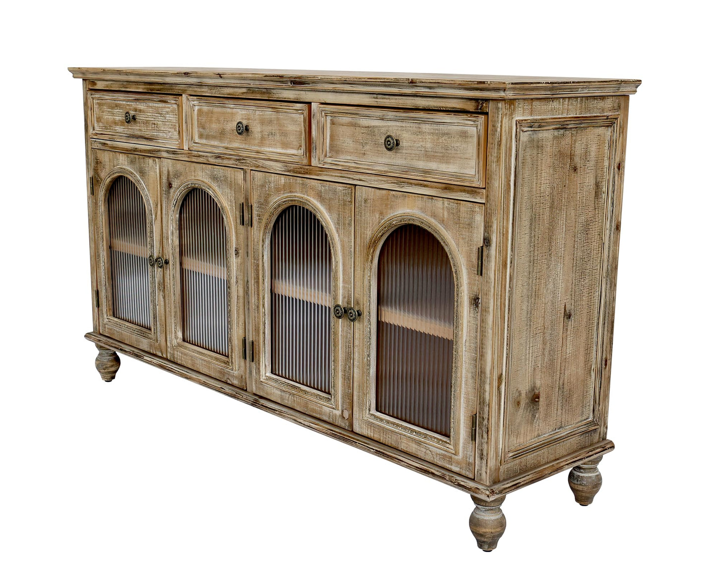 LKTART 60" Farmhouse Sideboard Buffet,Solid Fir Wood Frame with Hollowed-Out Carved Doors,Hand-Distressed Design,Versatile Storage Cabinet for Kitchen, Living Room,Natural Wood