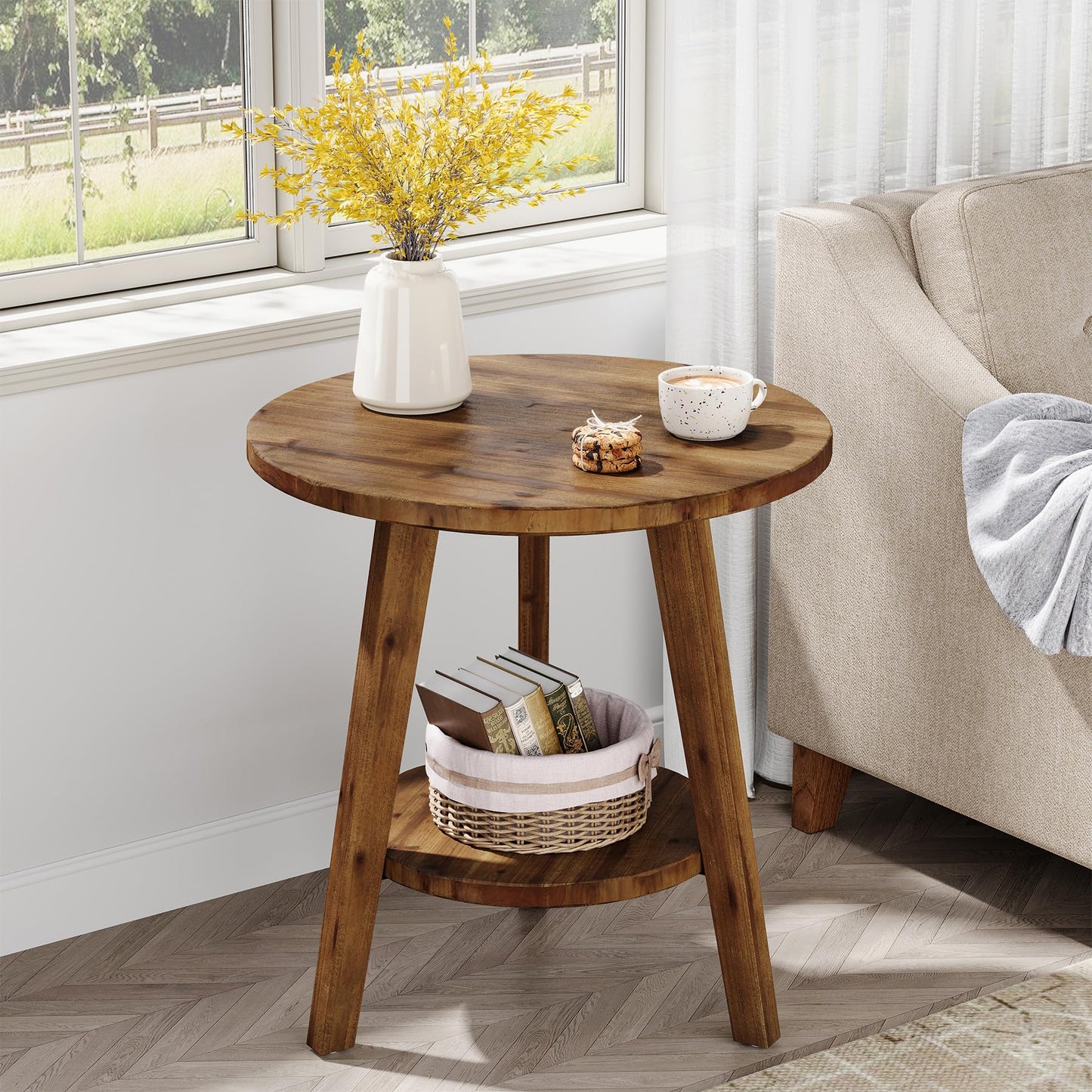 Solid Wood Round End Table, Sofa Side Table with Storage Shelf, Farmhouse Nightstand for Living Room, Bedroom, Easy Assembly (Dark Brown, 1 PC)