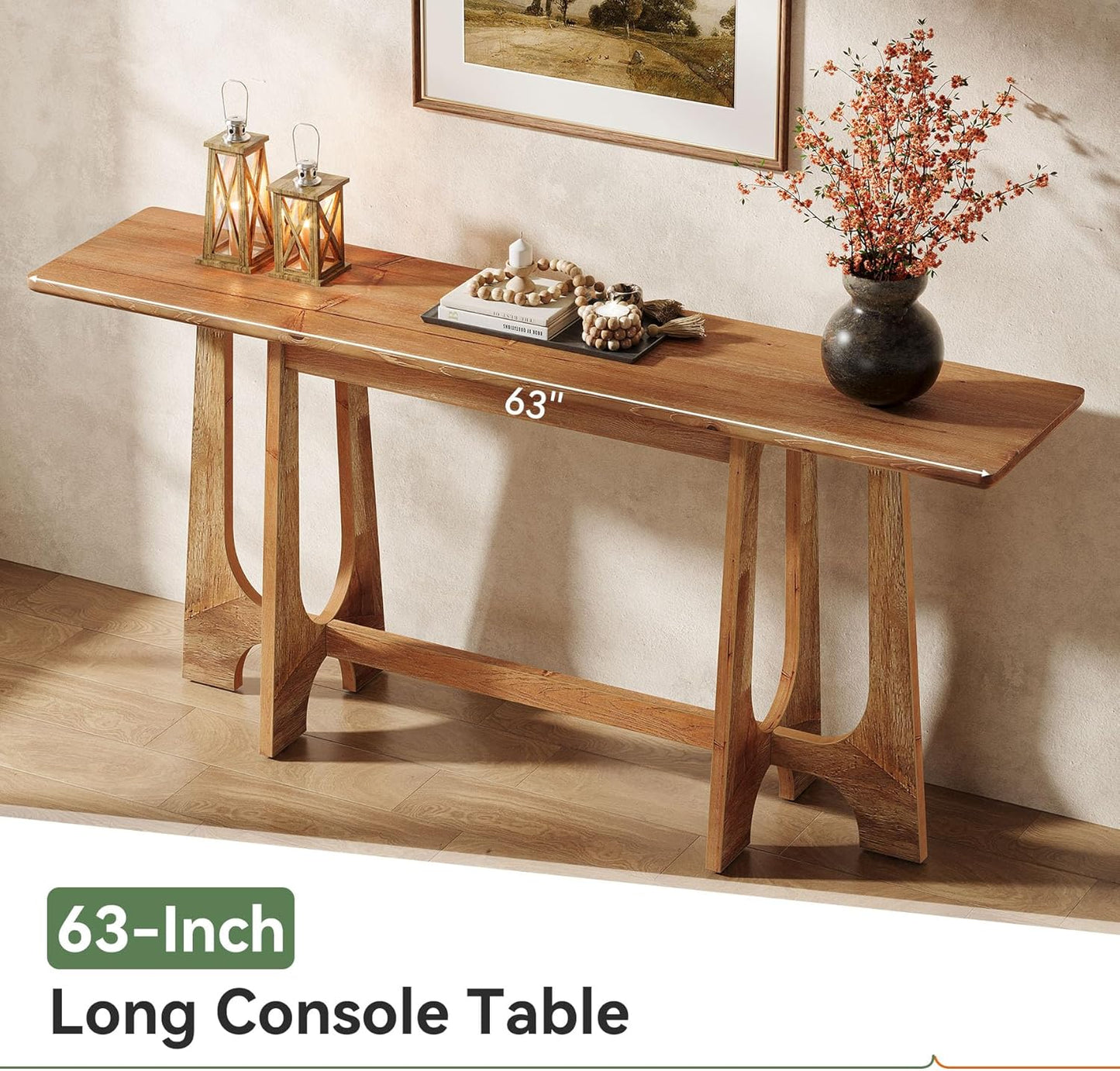 TRIBEWOOD 63-Inch Solid Wood Console Table, Farmhouse Long Sofa Table Behind Couch with Geometric Base for Entryway, Entrance, Living Room, Walnut Brown