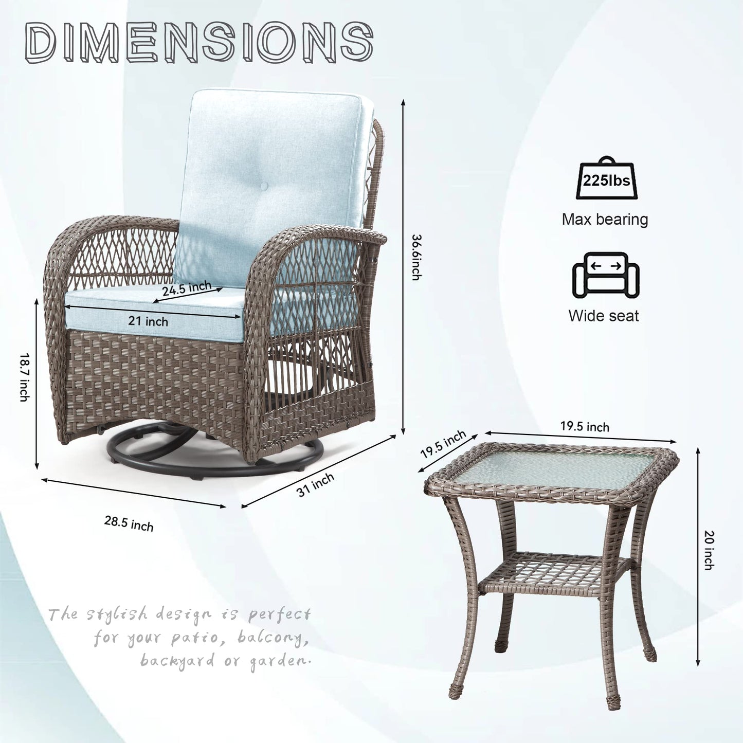 Joyside Patio Bistro Set, 3-Piece Outoodr Wicker Swivel Rocking Chair Set, Outdoor Patio Furniture Chair with Side Coffee Table & Durable Fabric Cushion(Brown/Beige)