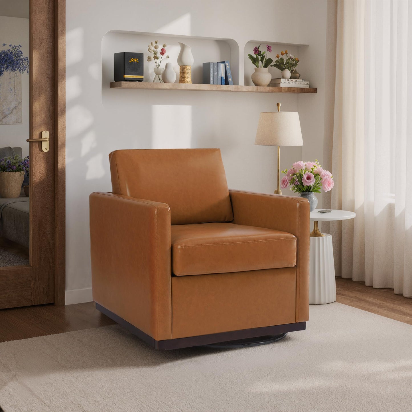 Swivel Accent Chairs Set of 2, 360° Swivel Upholstered Faux Leather Club Armchairs for Living Room, Comfy Single Sofa Reading Chair with Deep Seat, Metal Swivel Base, Coffee